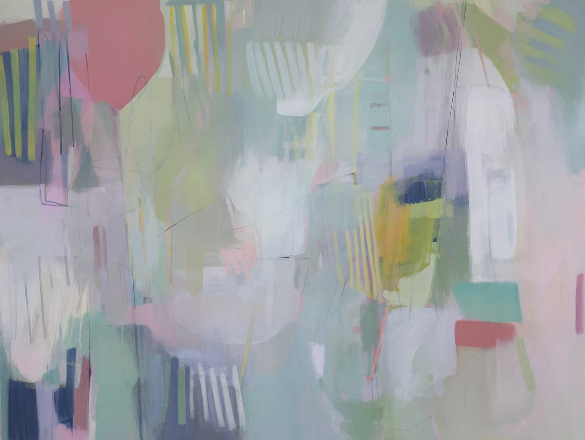 Soft pastel abstract with mint, blush, cream, and blue blocks and thin vertical marks