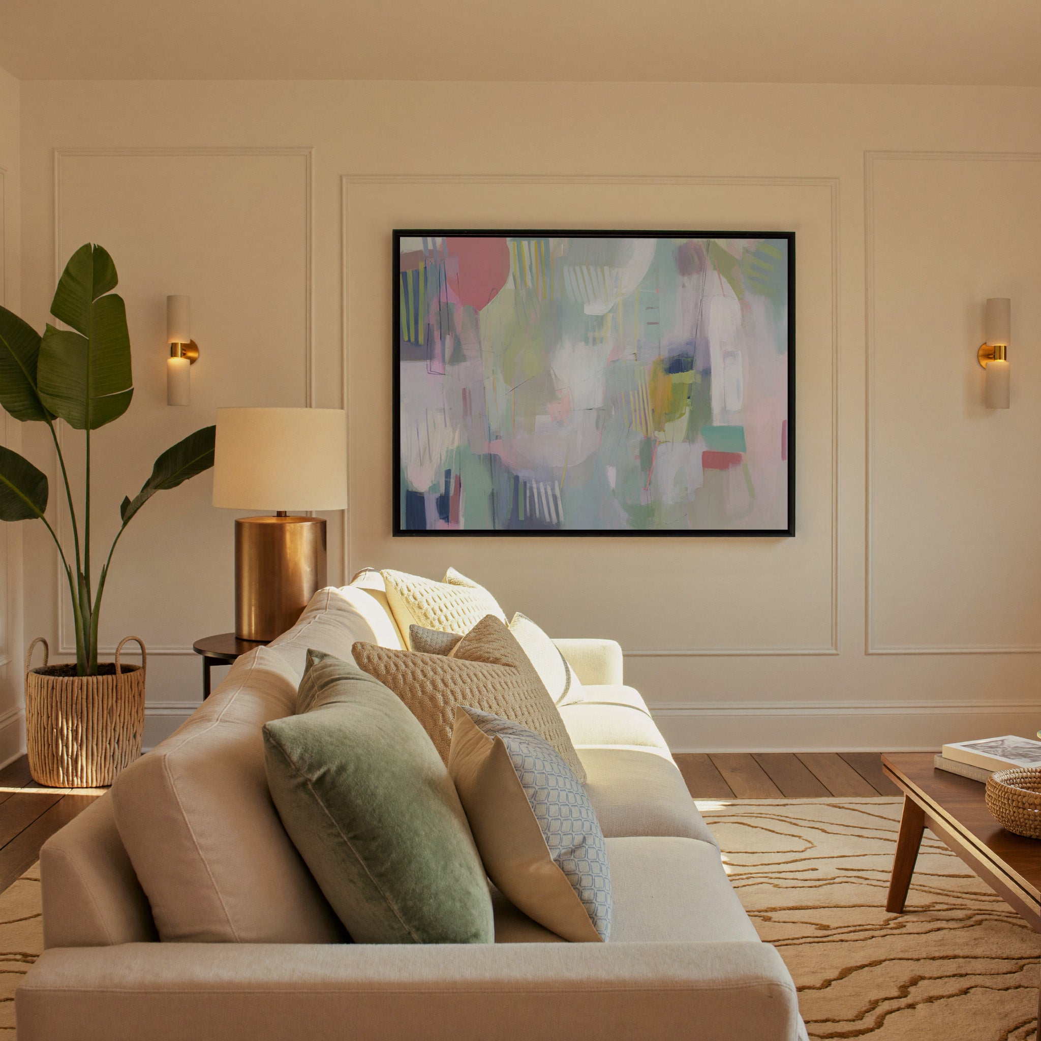 pastel abstract with vertical marks canvas wall art in a black frame in a styled room setting