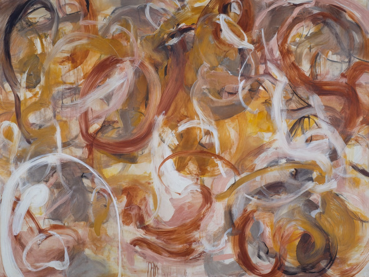 Interlaced rust, gold, cream, and gray loops crossing a pale abstract ground