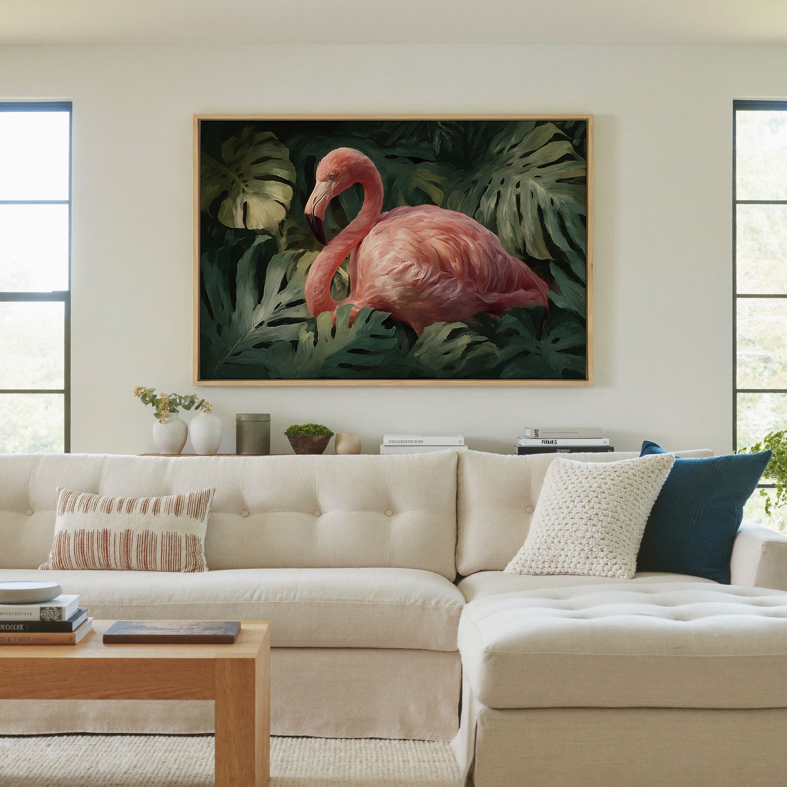 pink flamingo among dark green leaves canvas wall art in a natural wood frame in a living room