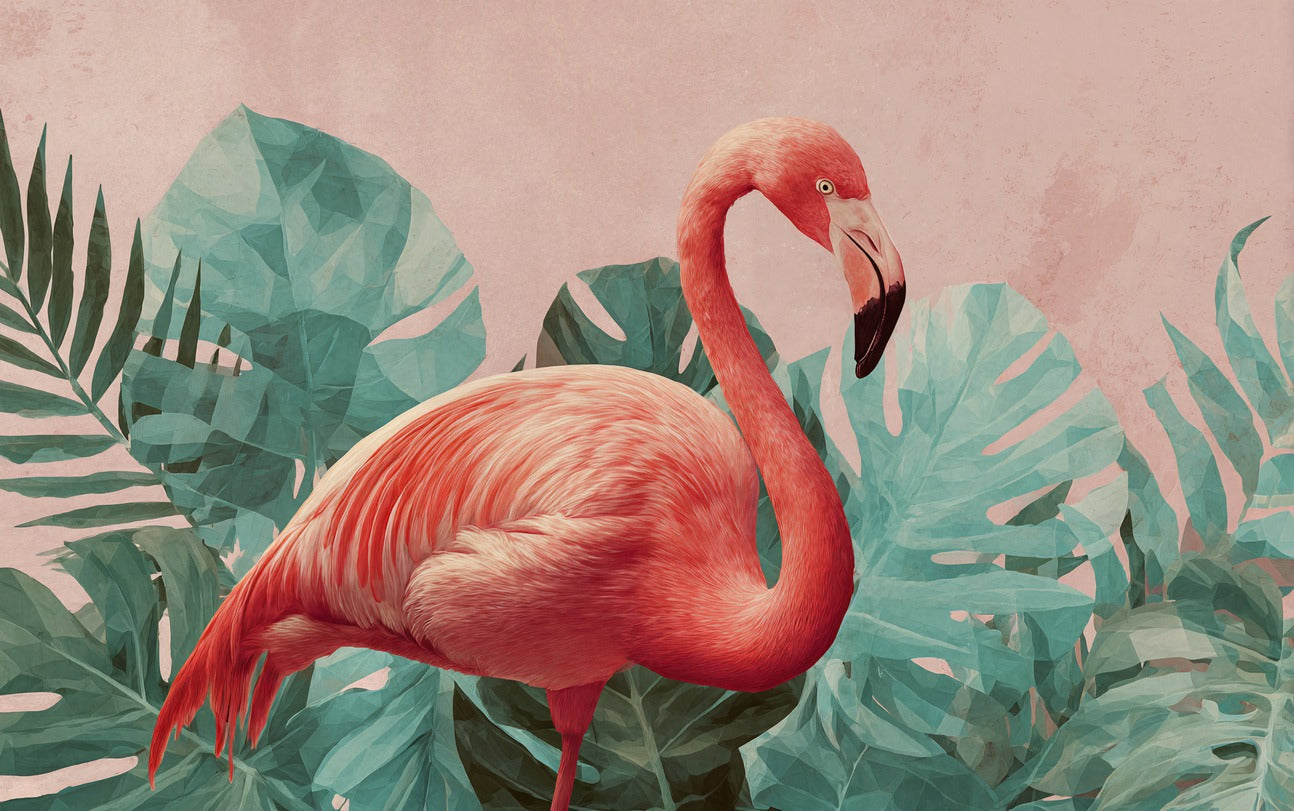 Pink flamingo with black-tipped beak among layered teal tropical leaves on a blush ground