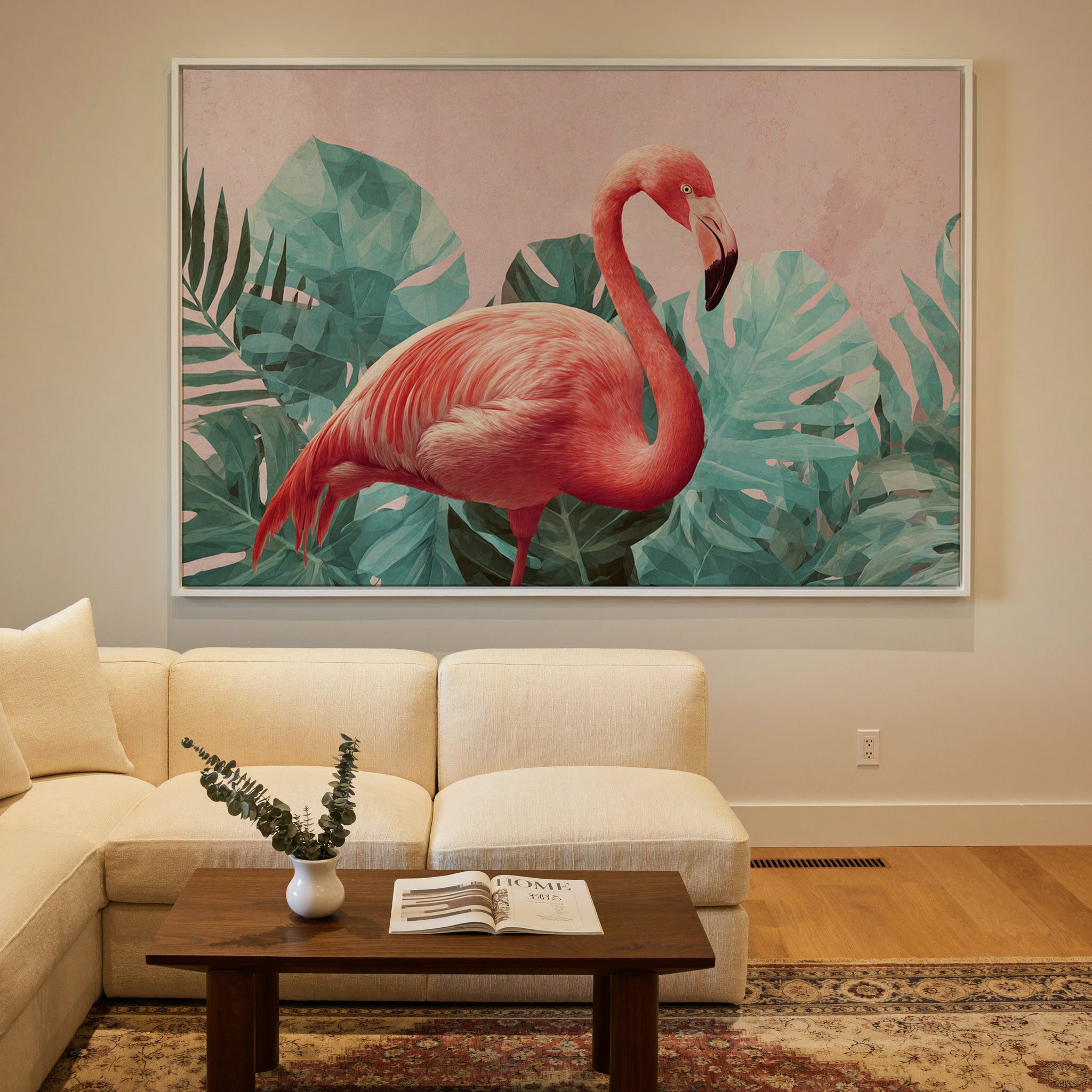 pink flamingo among teal tropical leaves canvas wall art in a white frame in a styled room setting