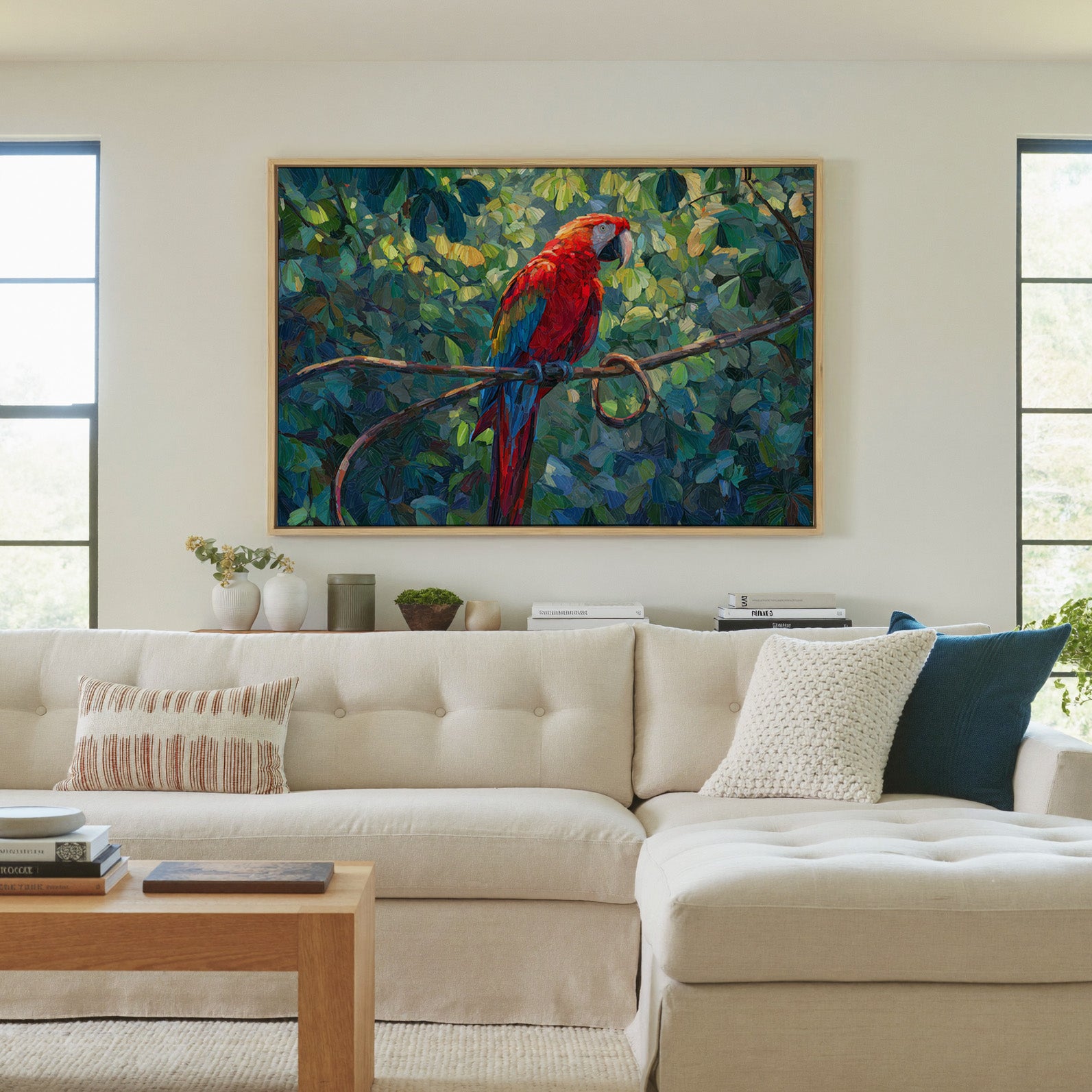 red macaw among dense green foliage canvas wall art in a natural wood frame in a living room