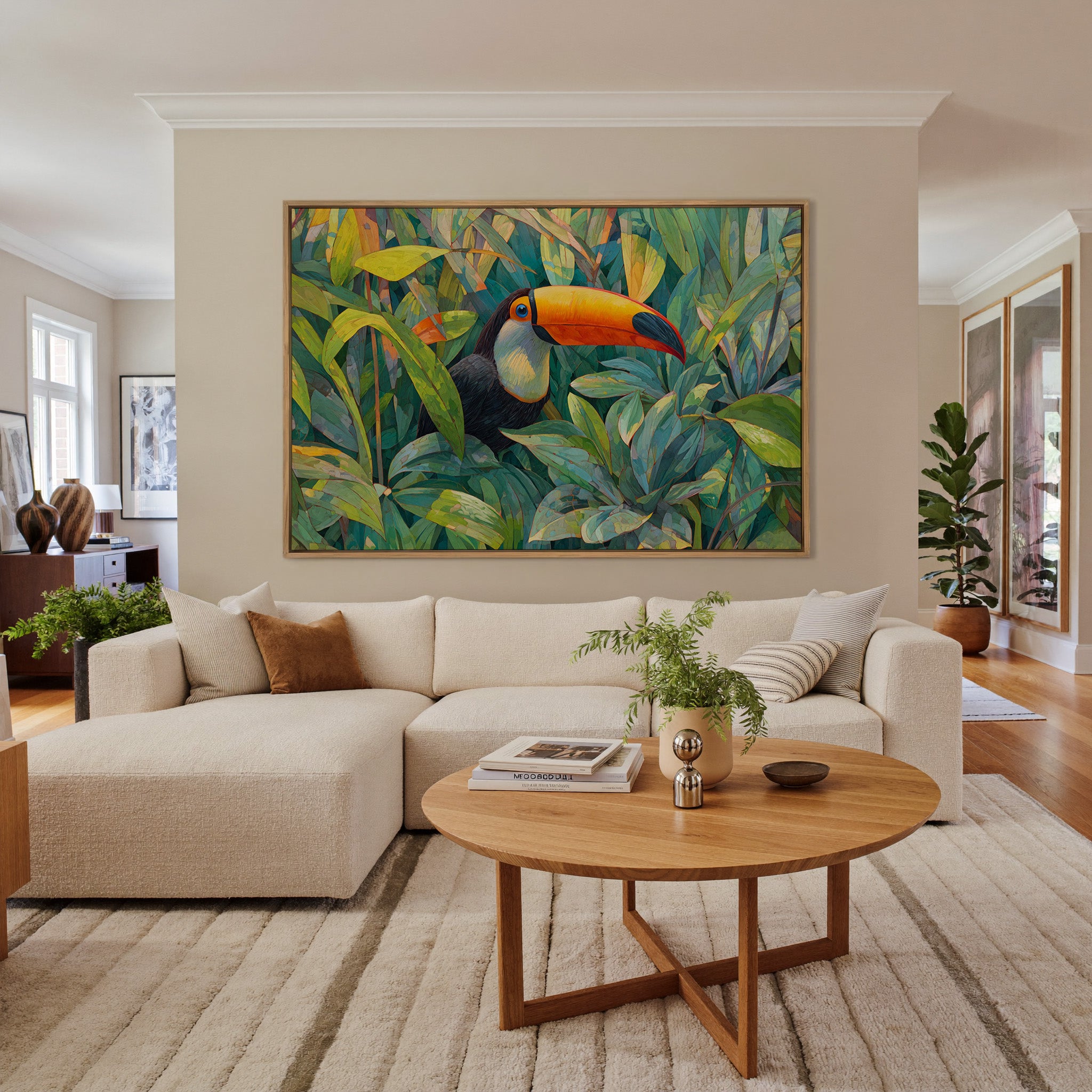 toucan in dense tropical foliage canvas wall art in an oak frame in a living room