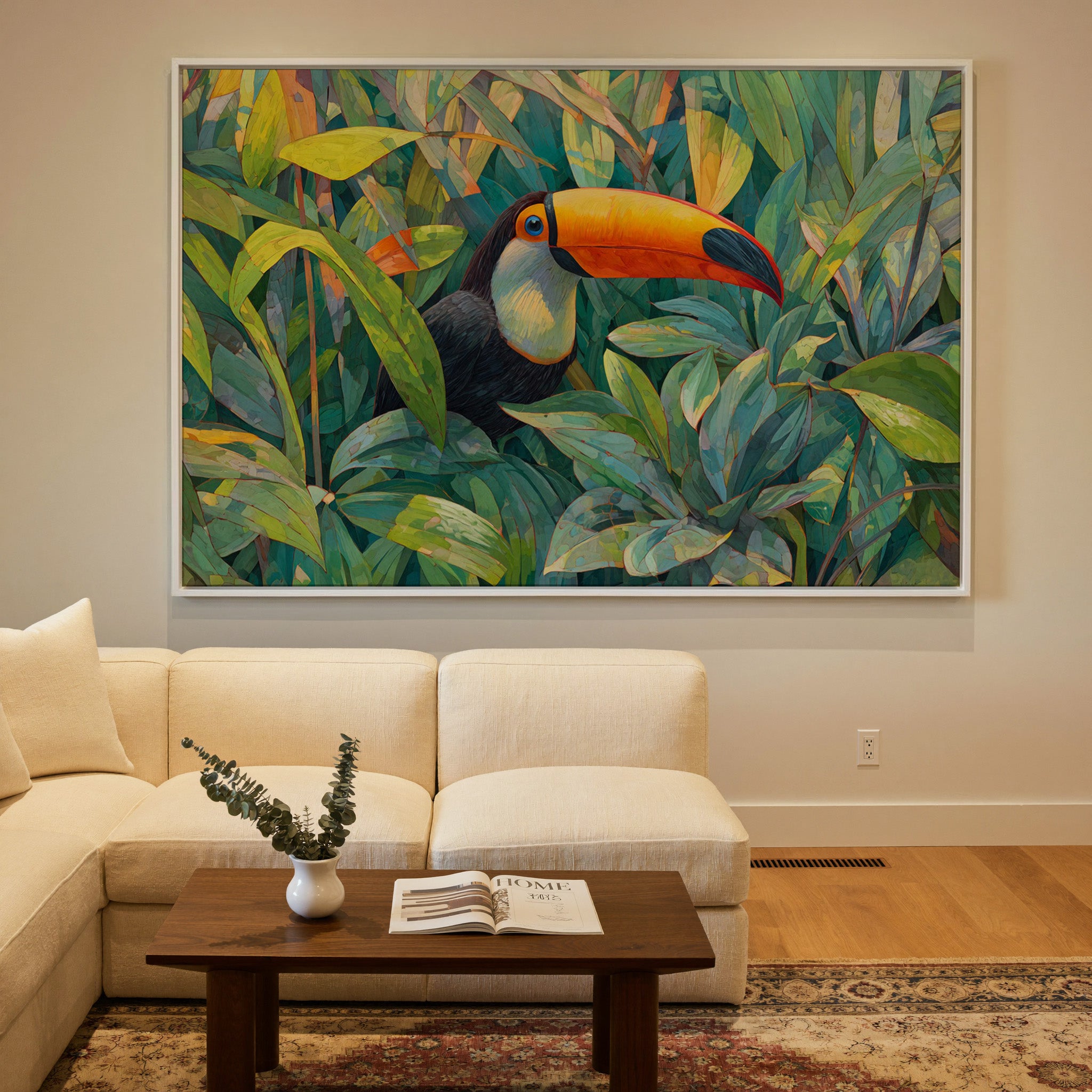 toucan in dense tropical foliage canvas wall art in a white frame in a styled room setting