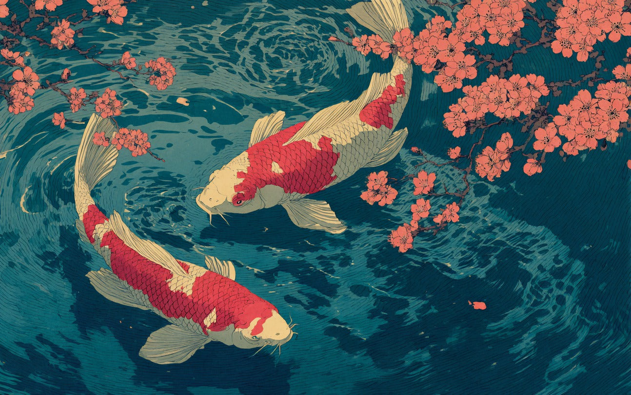 Koi Under Blossoms — Koi Fish Canvas Wall Art