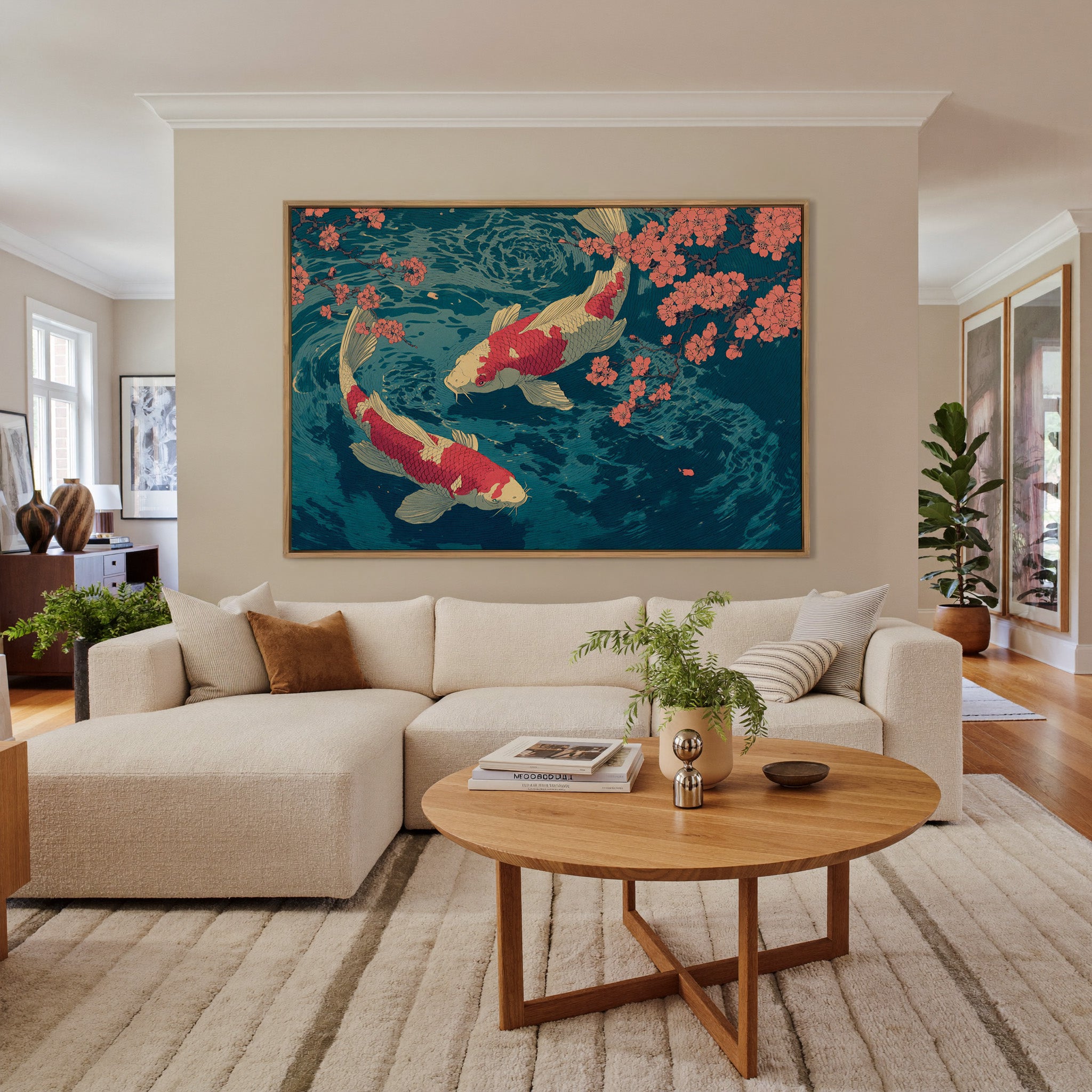 red and cream koi beneath coral blossoms over canvas wall art in an oak frame in a living room