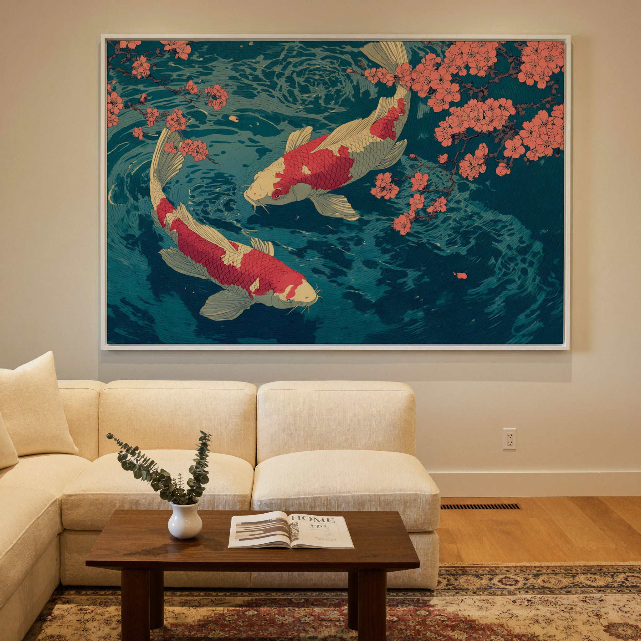 red and cream koi beneath coral blossoms over canvas wall art in a white frame in a styled room setting