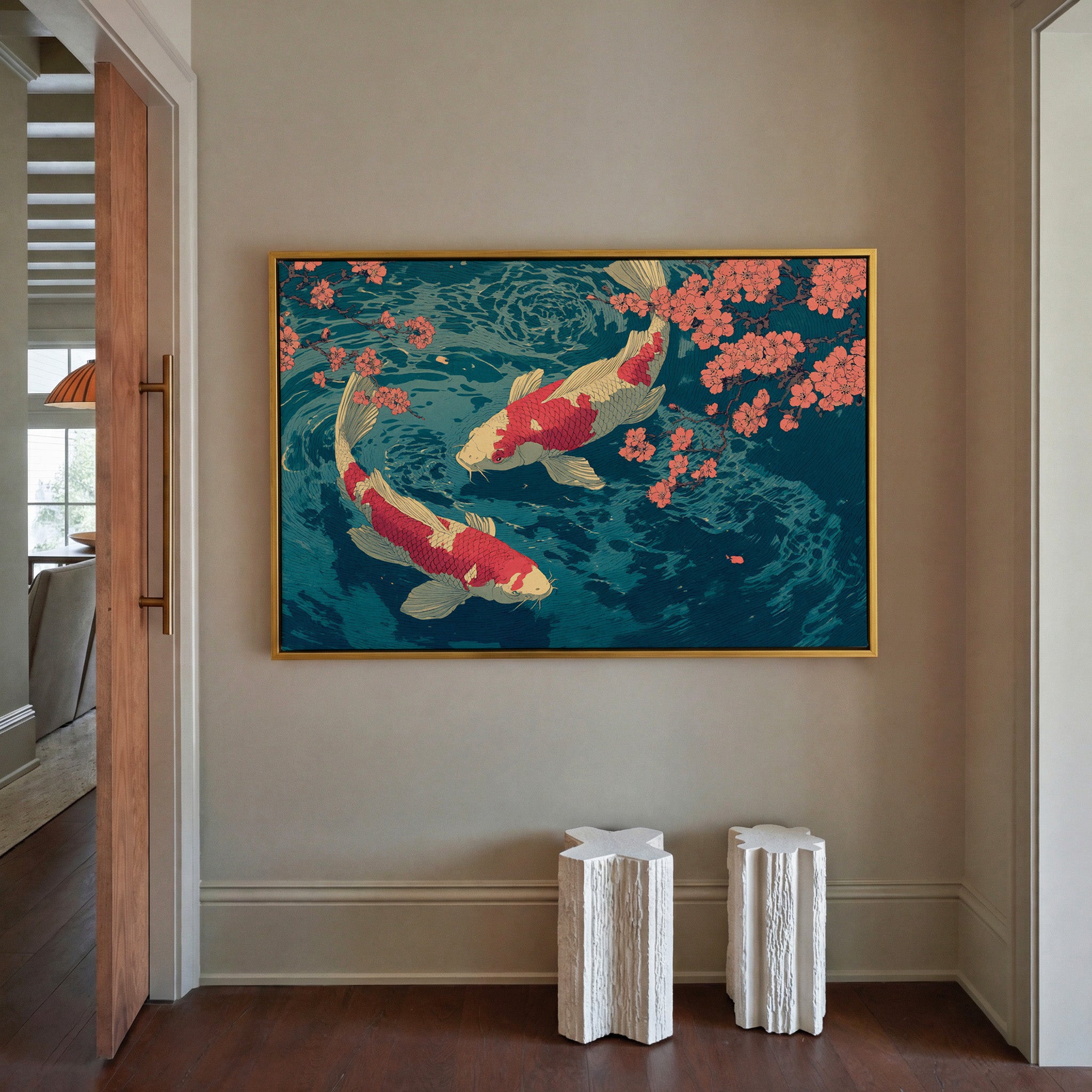 red and cream koi beneath coral blossoms over canvas wall art in a gold frame in a styled room setting