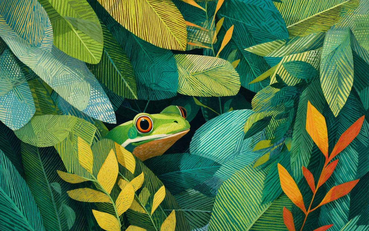 Green frog peeking through layered tropical leaves in teal, lime, yellow, and orange