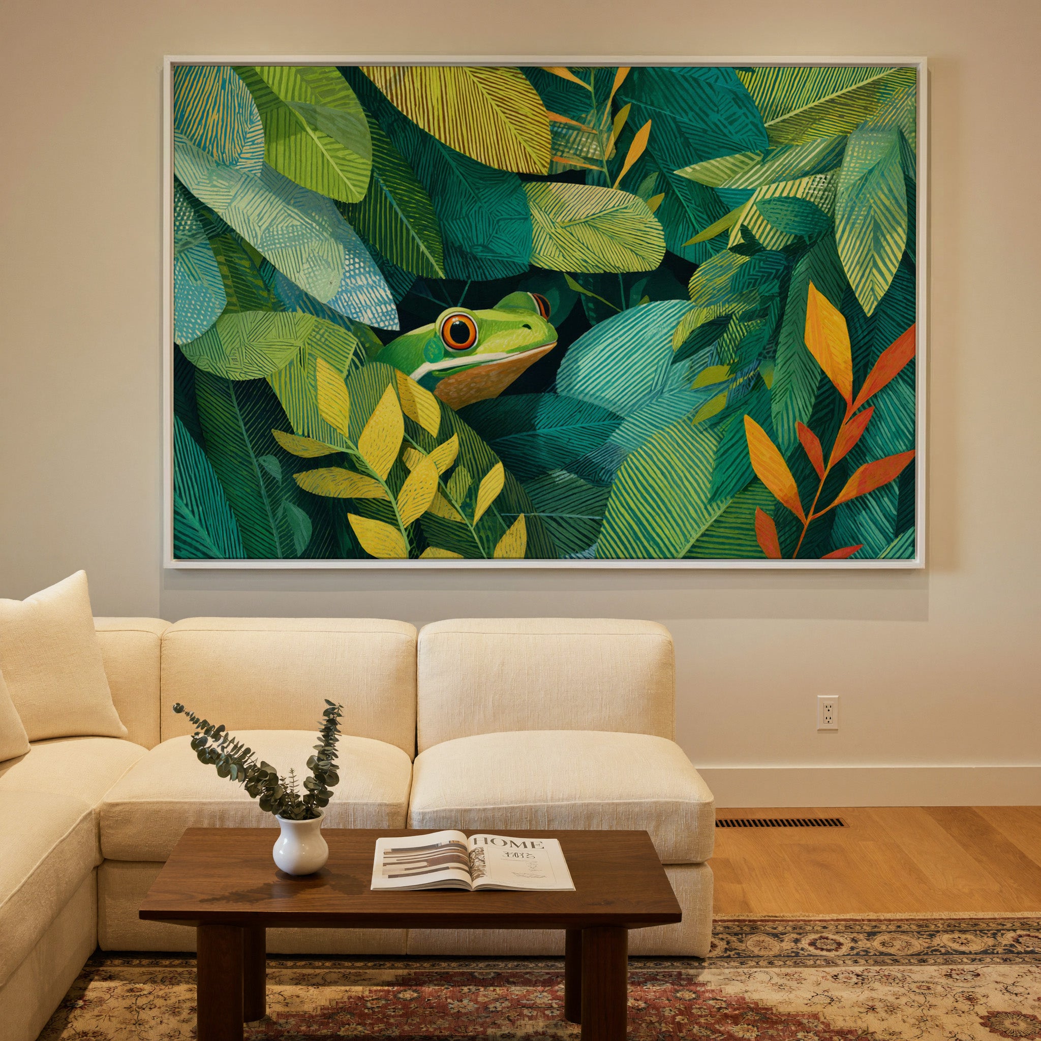 green frog among layered tropical leaves canvas wall art in a white frame in a styled room setting