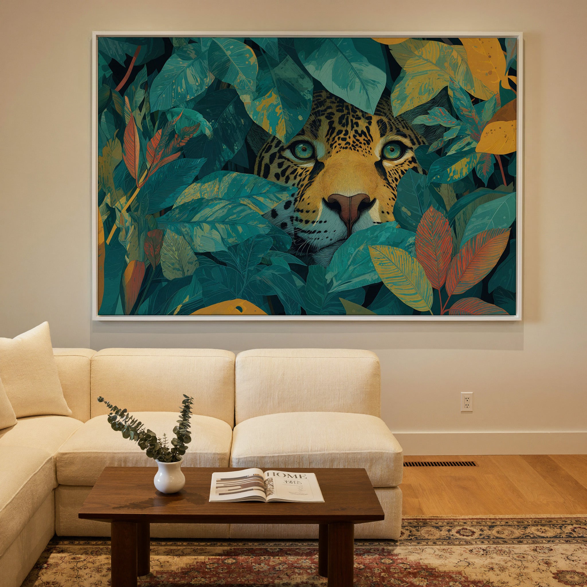 leopard face framed by teal leaves and gold canvas wall art in a white frame in a styled room setting