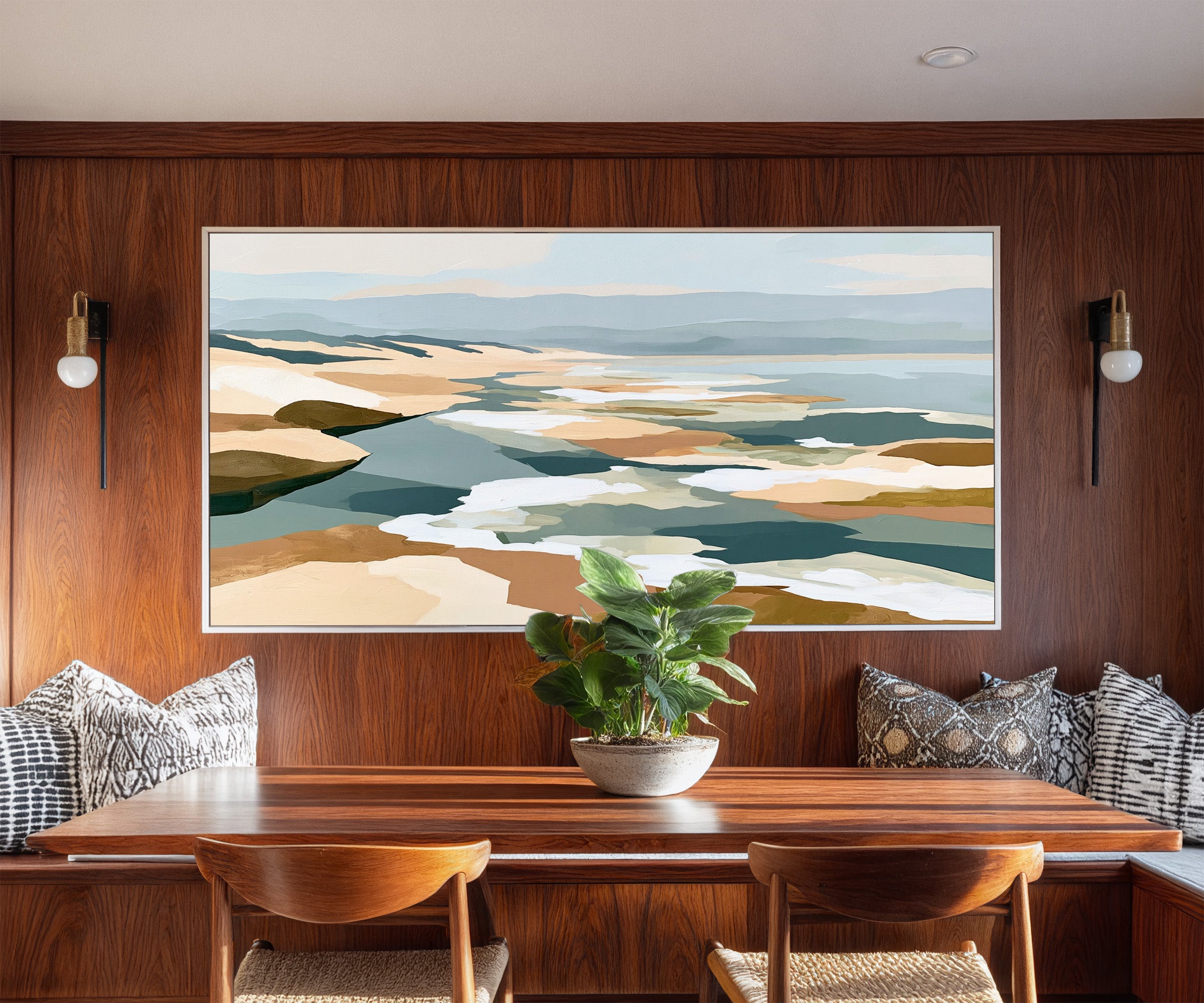 layered sandbars and blue water abstract canvas wall art in a white frame in a styled room setting
