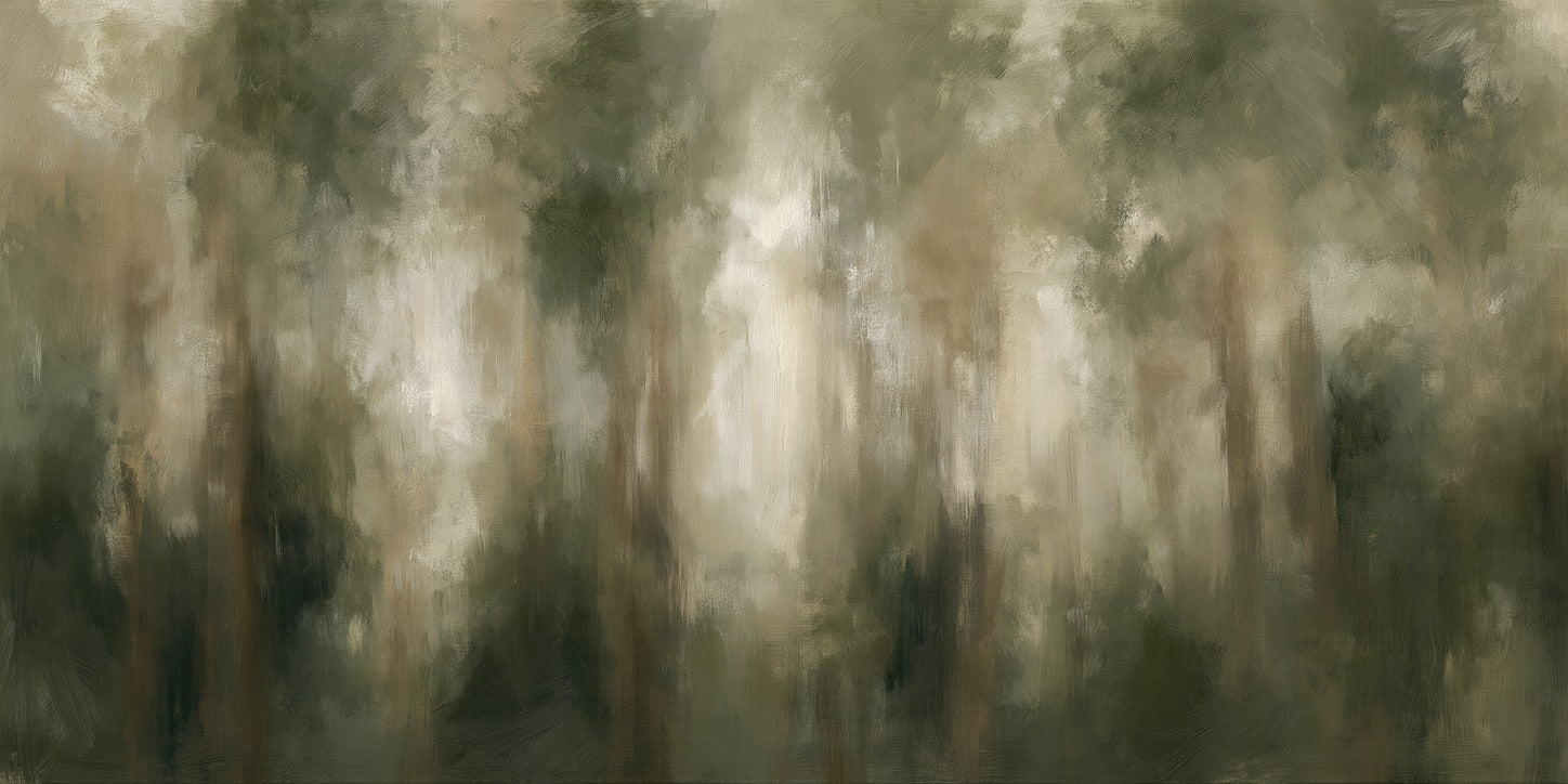 Soft green and beige vertical bands suggest a misty forest with pale light at center
