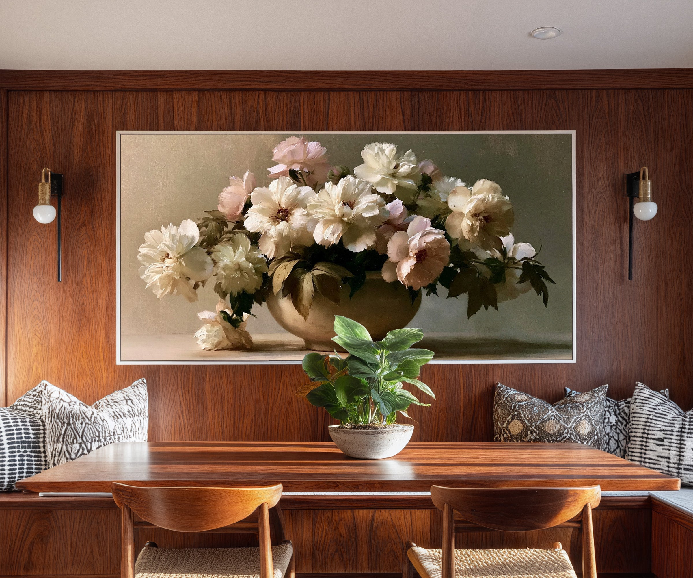 cream and pale blush floral still life canvas wall art in a white frame in a styled room setting