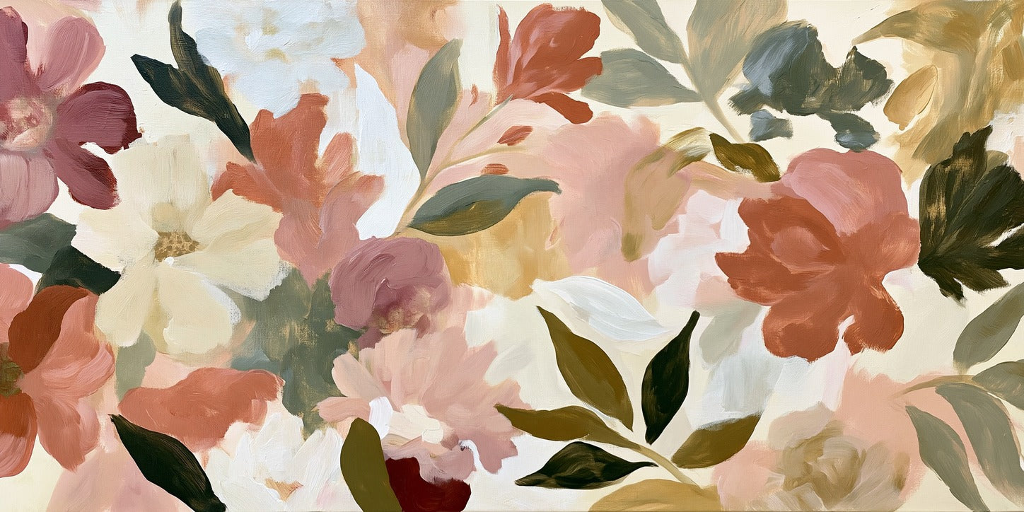 Loose blush, cream, and terracotta floral forms with dark green leaves across a pale ground