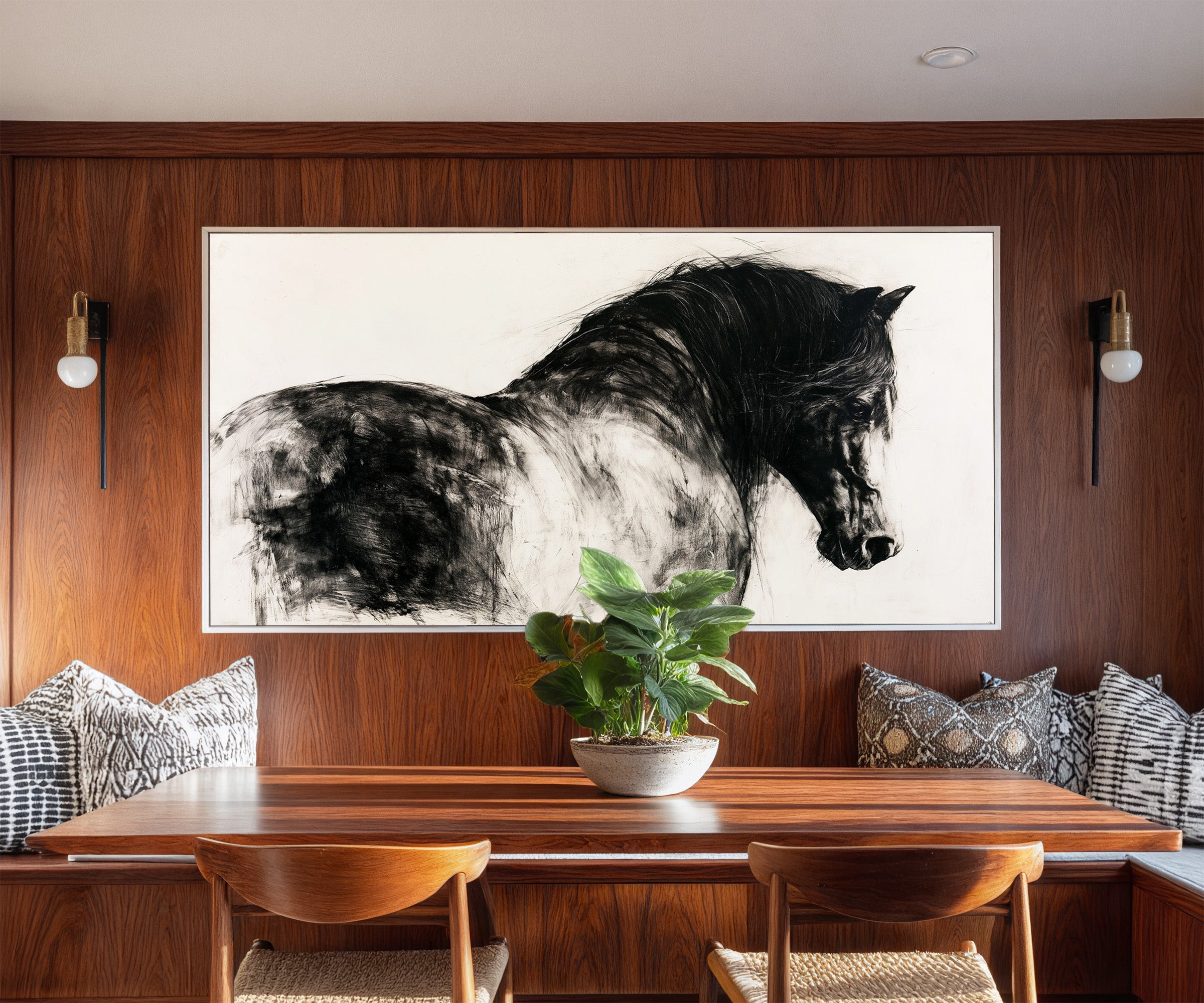 black and white close cropped horse portrait canvas wall art in a white frame in a styled room setting