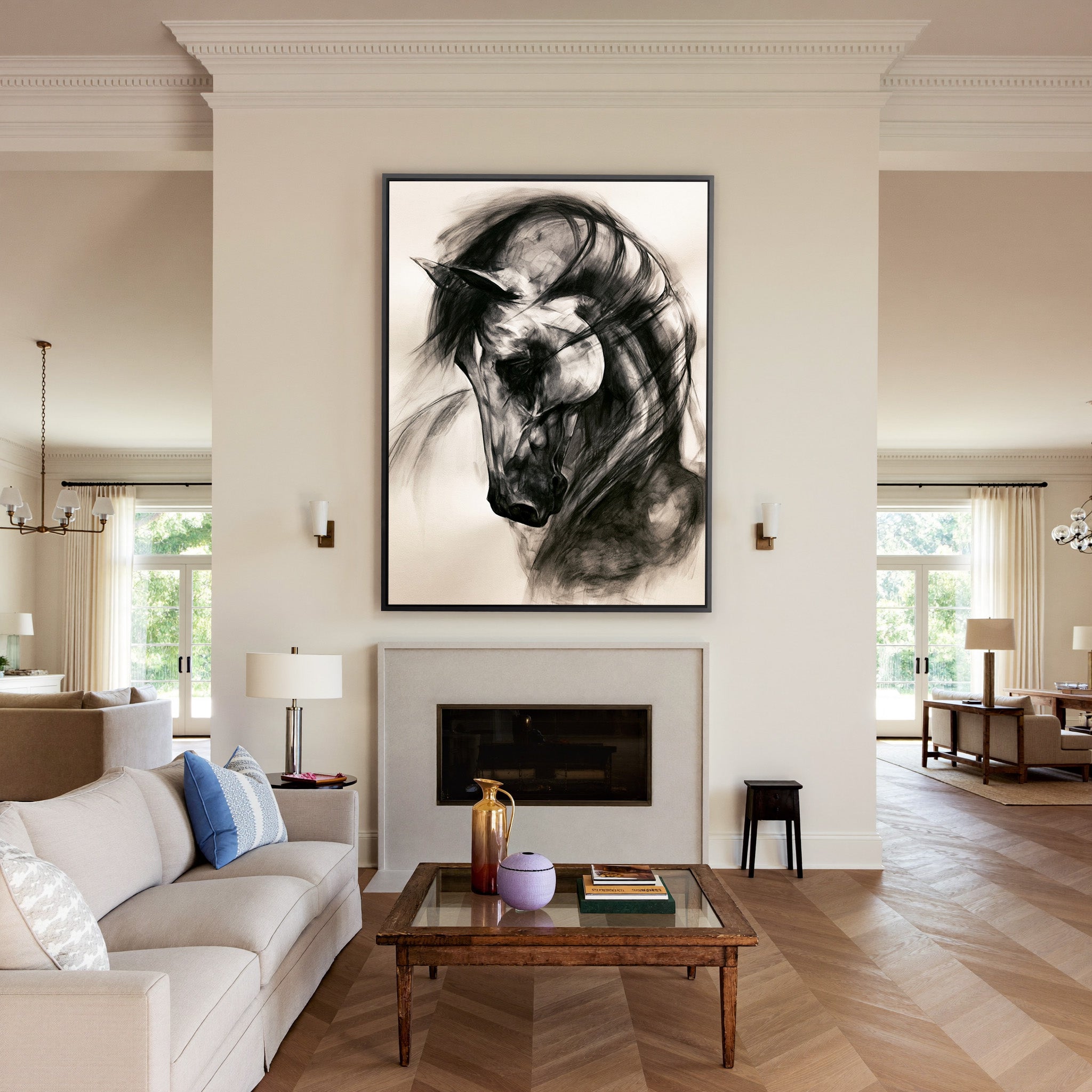 black and white horse portrait with sweeping canvas wall art in a black frame above a mantel