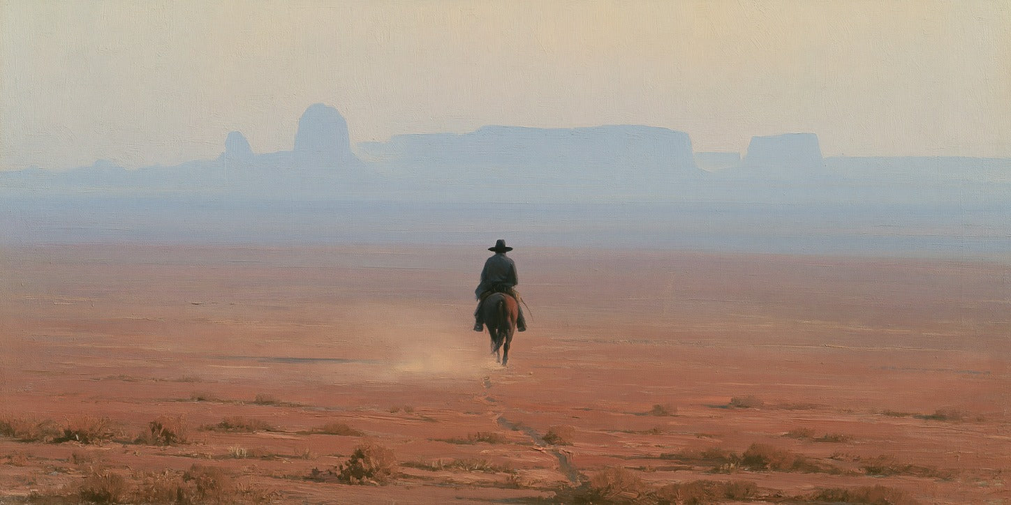 Lone rider crossing a red desert plain toward pale mesas under a hazy sky