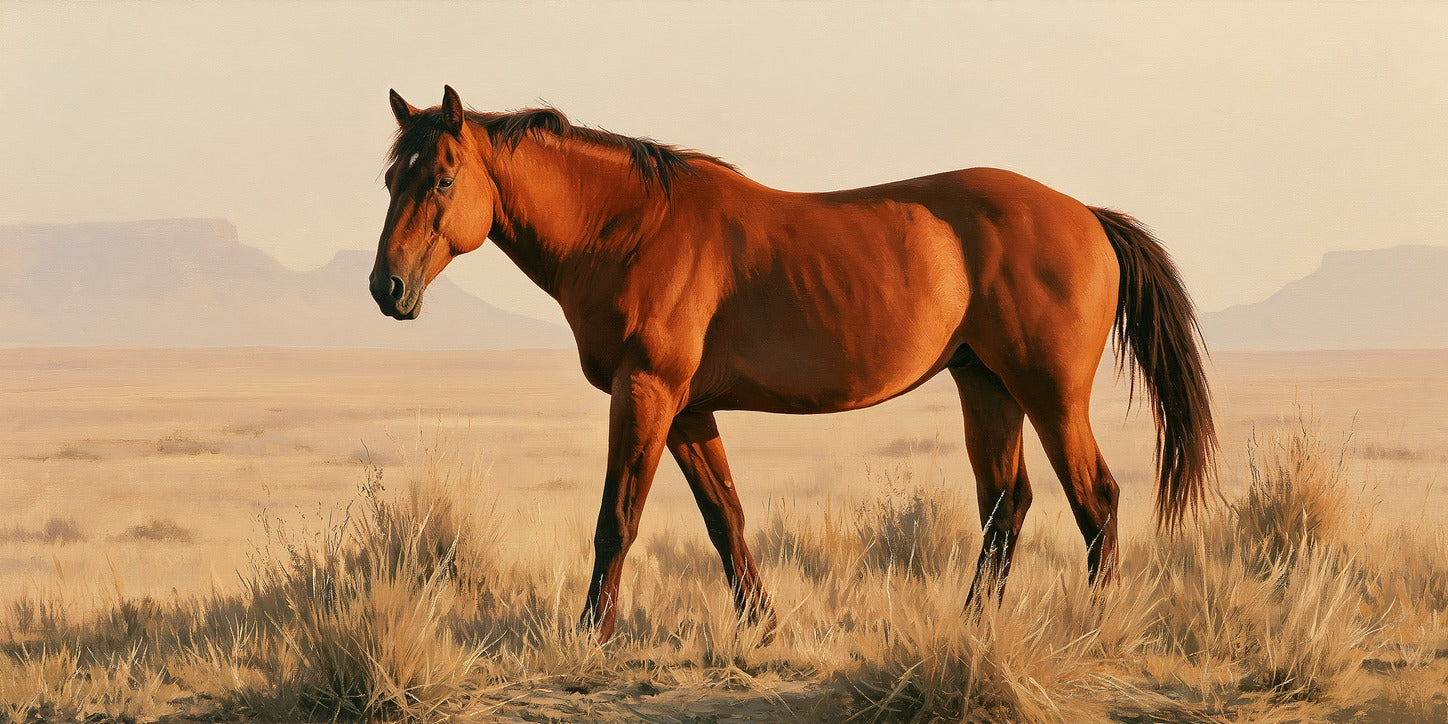 Chestnut horse standing in dry desert grass with pale mesas and a hazy sky behind it