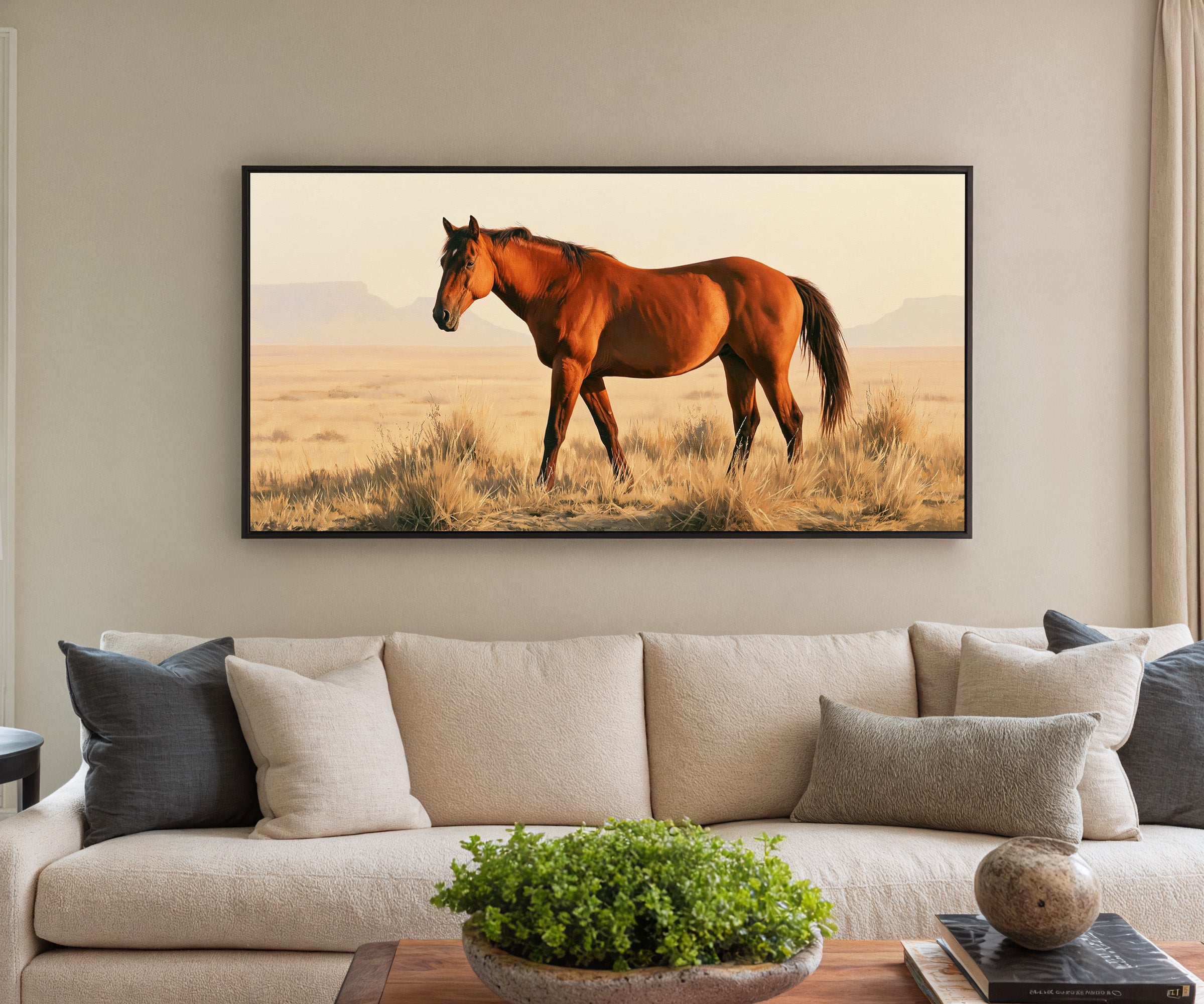 chestnut horse in dry desert grass canvas wall art in a black frame in a styled room setting