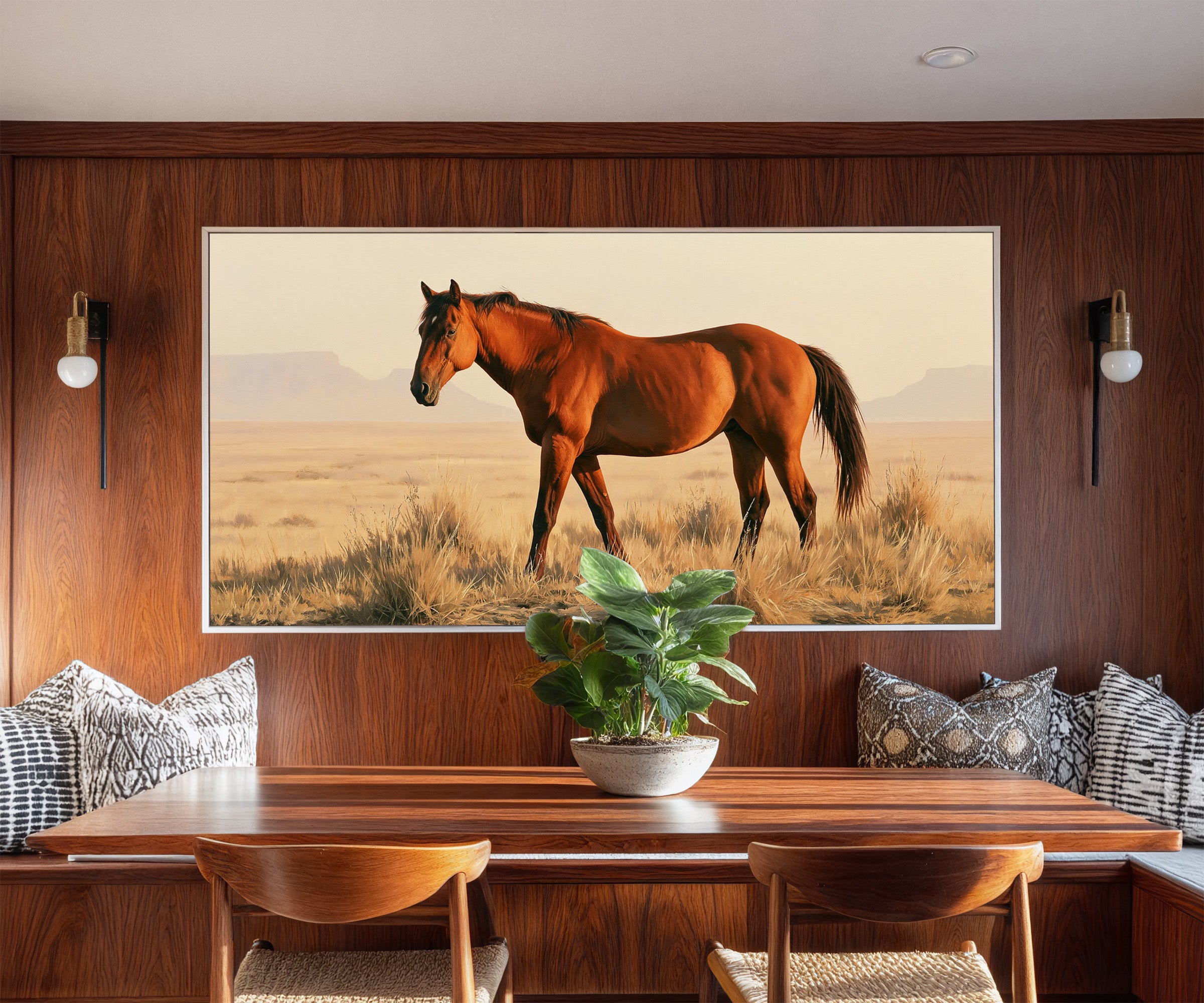 chestnut horse in dry desert grass canvas wall art in a white frame in a styled room setting