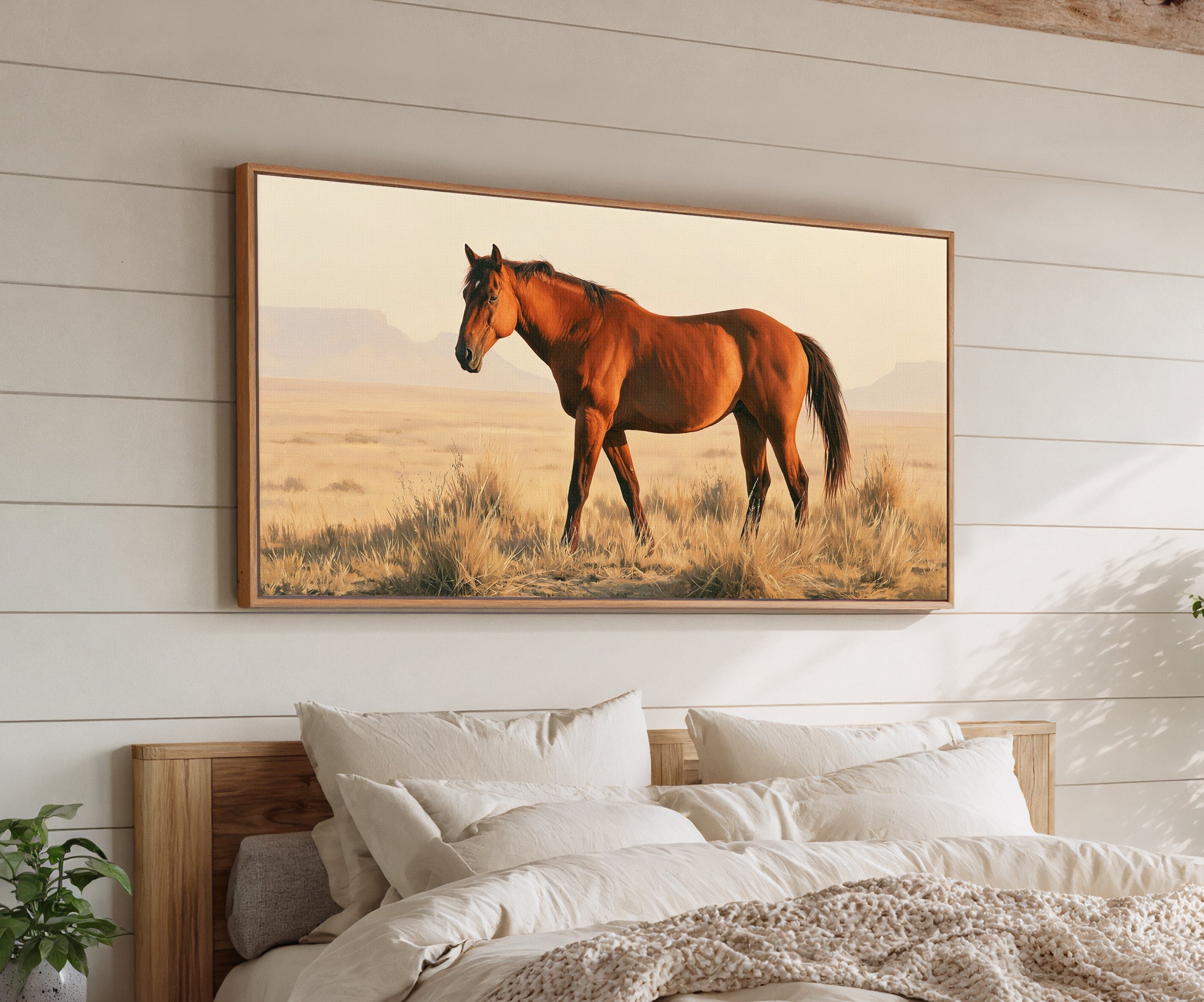 chestnut horse in dry desert grass canvas wall art in an oak frame above a bed