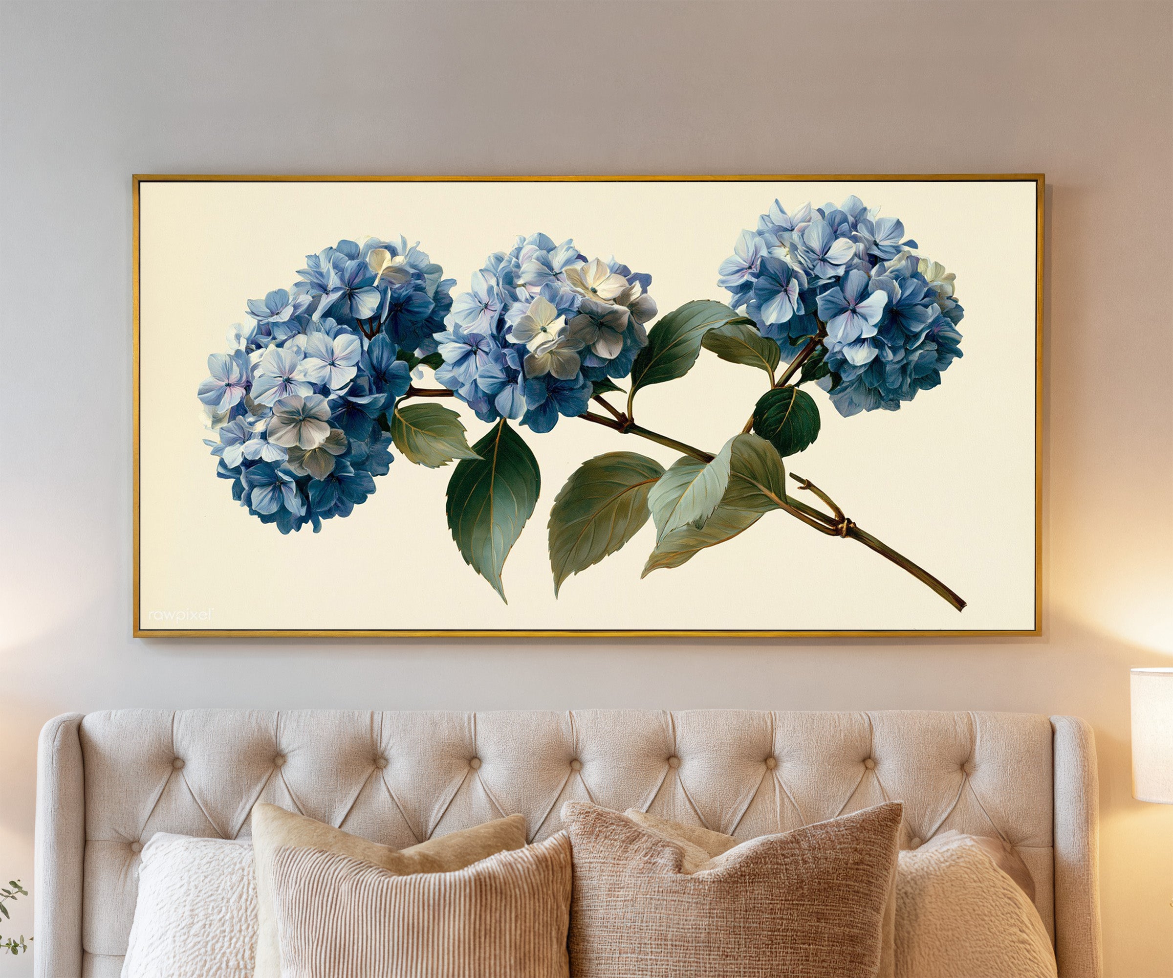 single blue hydrangea stem with clustered blooms canvas wall art in a gold frame above a bed