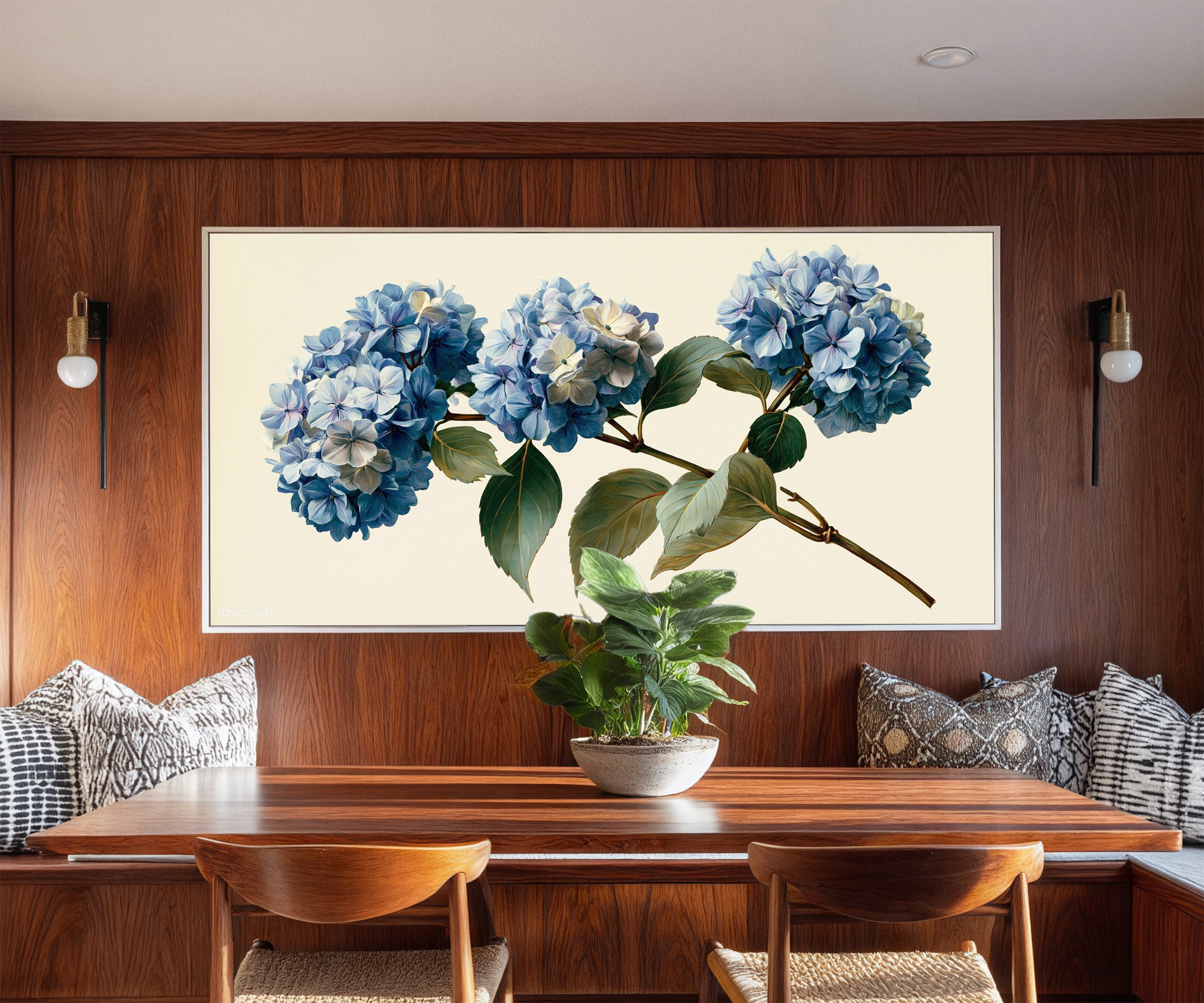 single blue hydrangea stem with clustered blooms canvas wall art in a white frame in a styled room setting