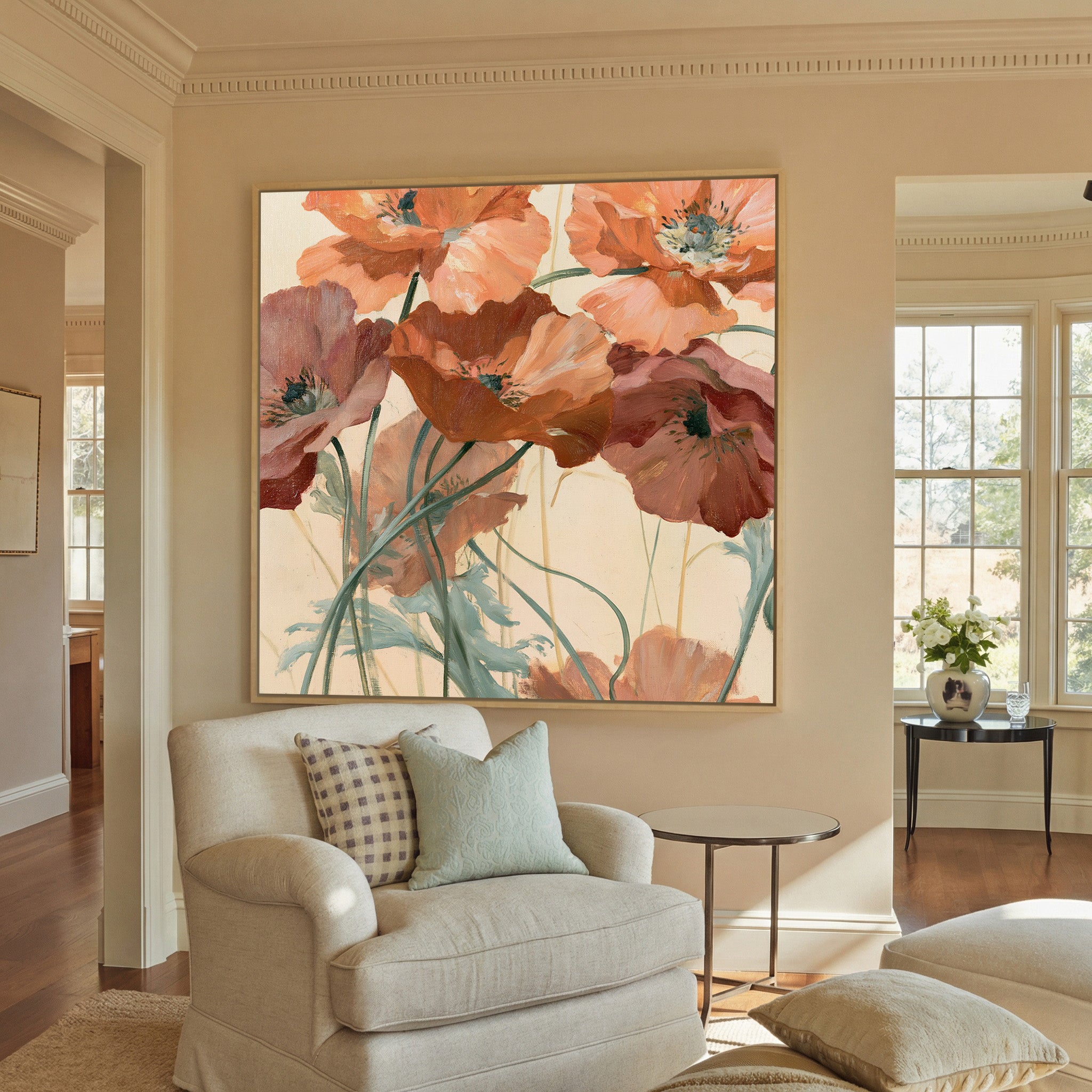 apricot and rust poppy flowers canvas wall art in a natural wood frame in a styled room setting