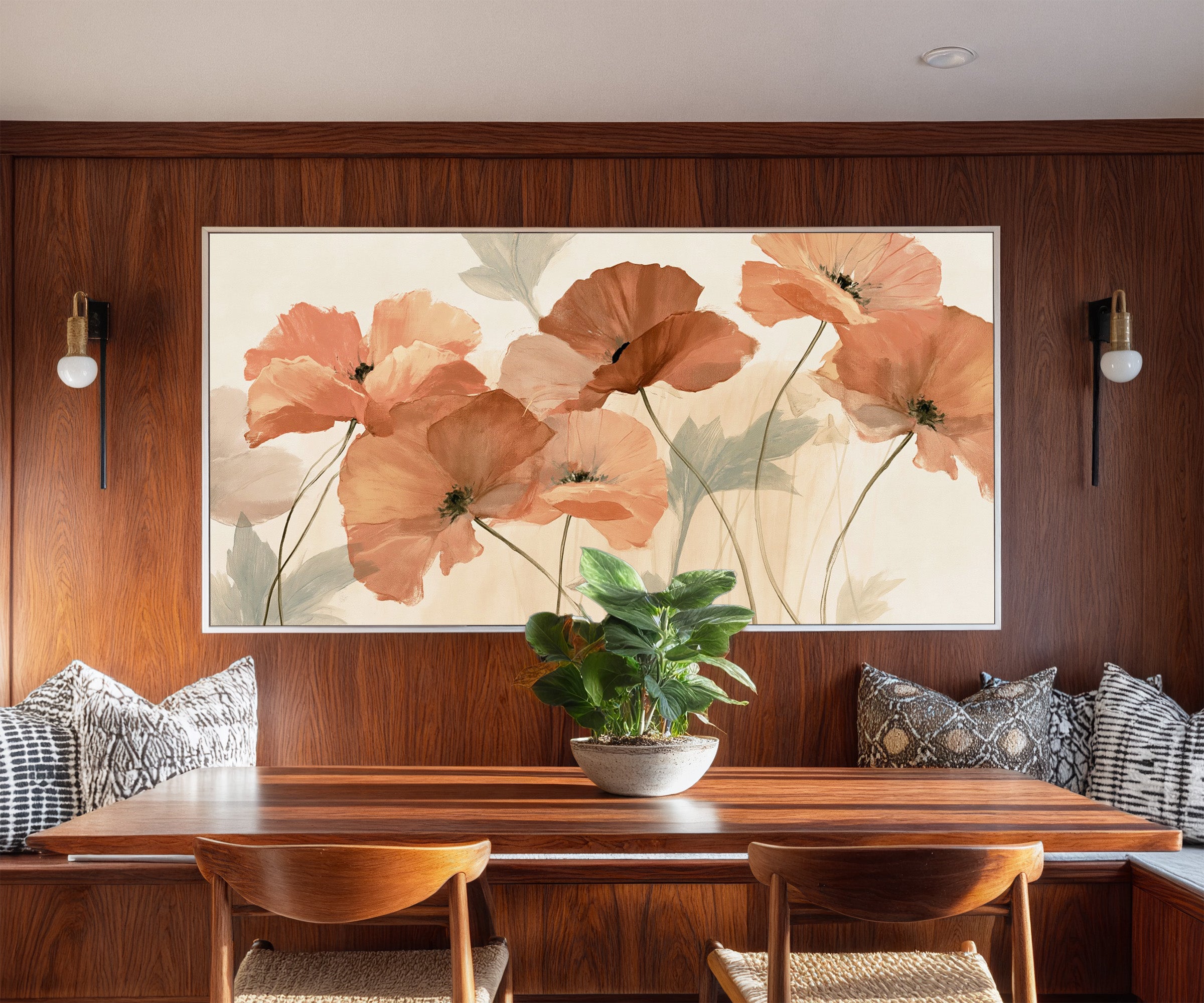 soft coral poppy flowers canvas wall art in a white frame in a styled room setting