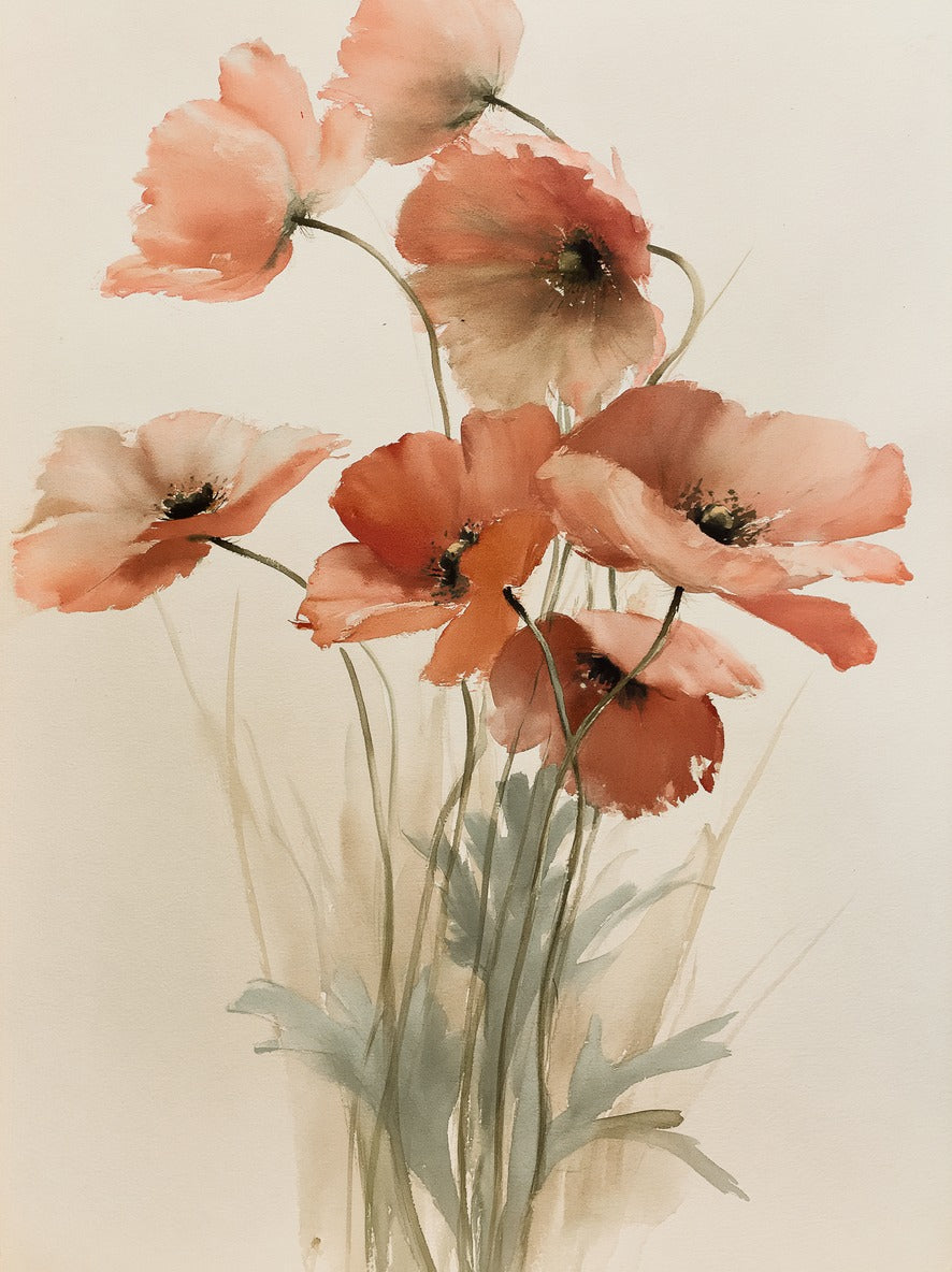 Apricot Stems — Coral Poppy Flowers Canvas Wall Art