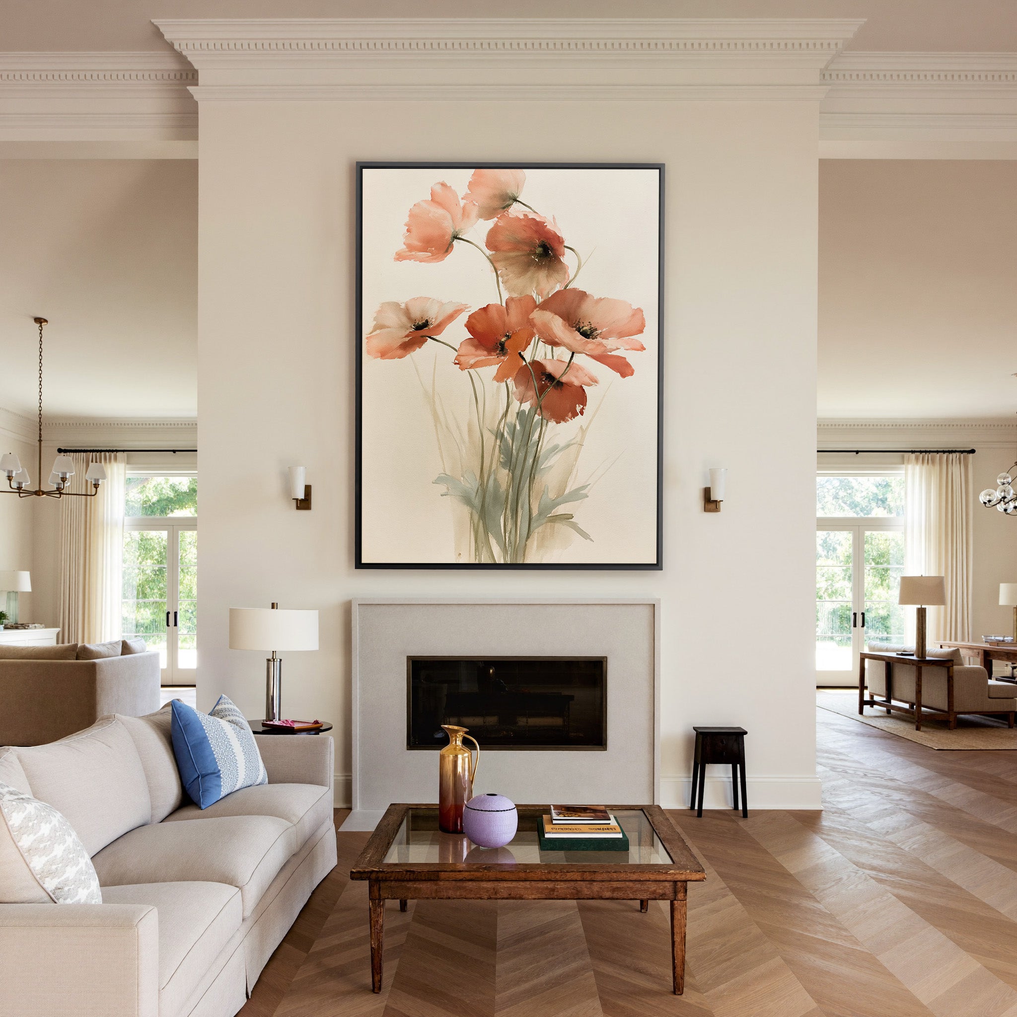 soft coral poppy flowers with thin stems canvas wall art in a black frame above a mantel