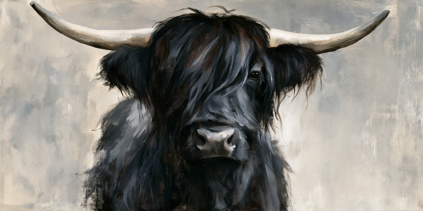 Front-facing black Highland cow with long hair and wide horns against a pale gray ground