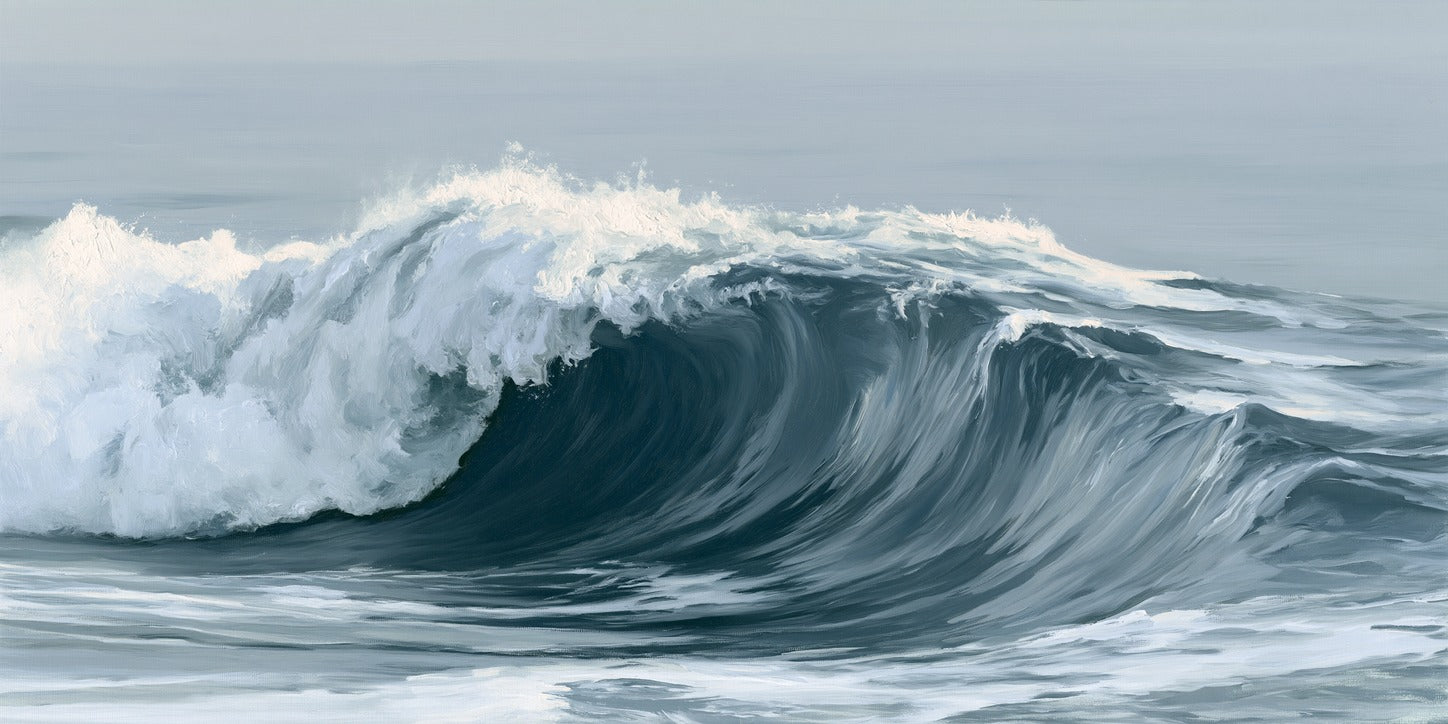 A curling ocean wave in deep blue and slate, capped with white foam under a pale sky
