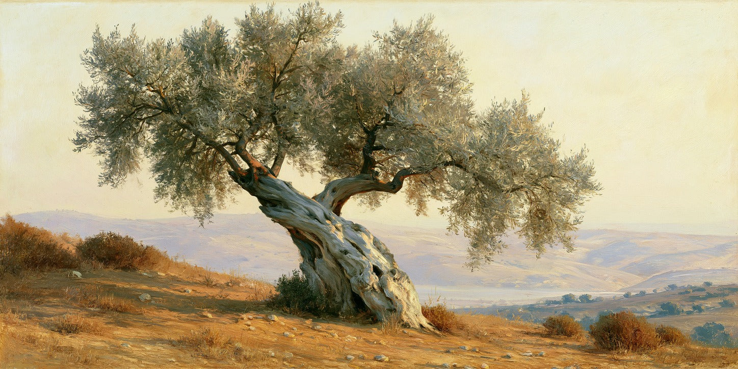Solitary olive tree with silvery canopy on dry hills under a pale sky with clear color and shape detail
