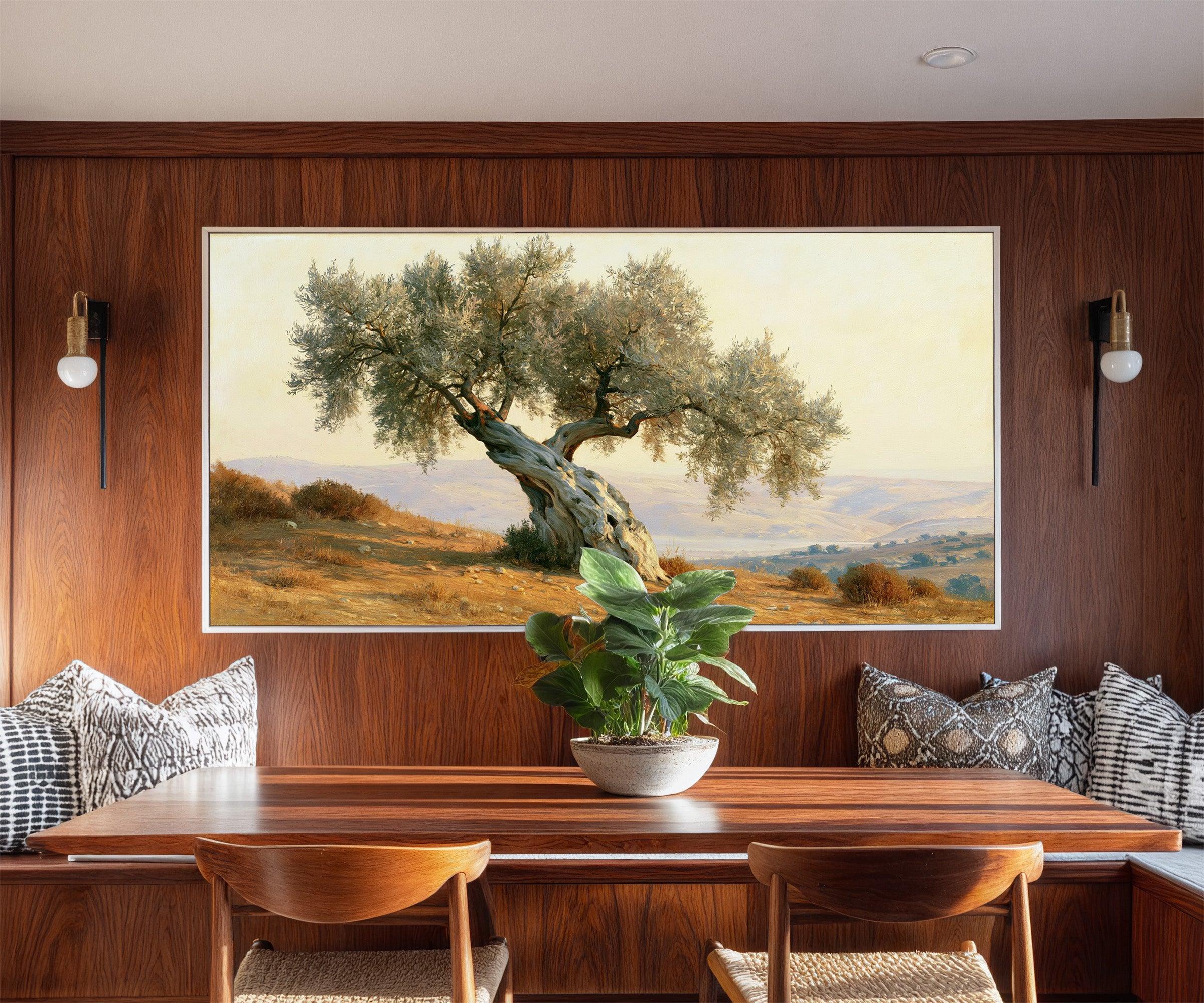 solitary olive tree on dry mediterranean hills canvas wall art in a white frame in a styled room setting