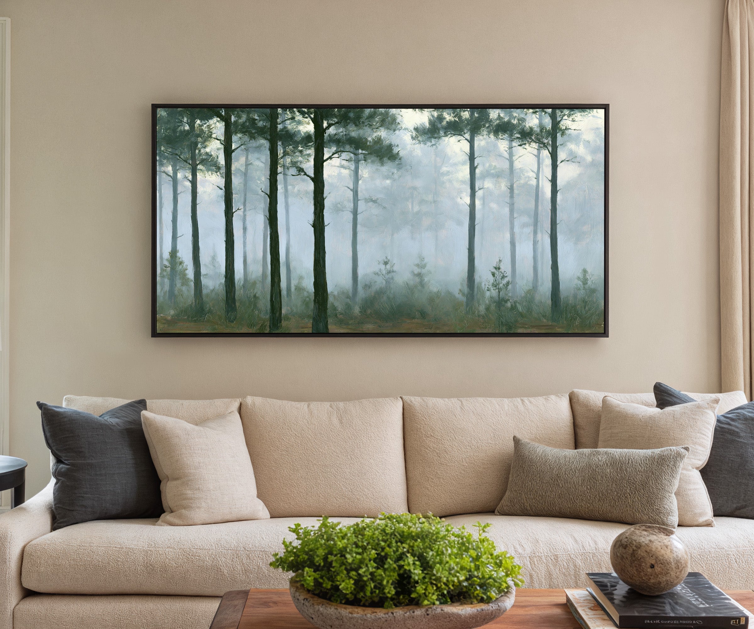 tall pines in pale morning mist canvas wall art in a black frame in a styled room setting
