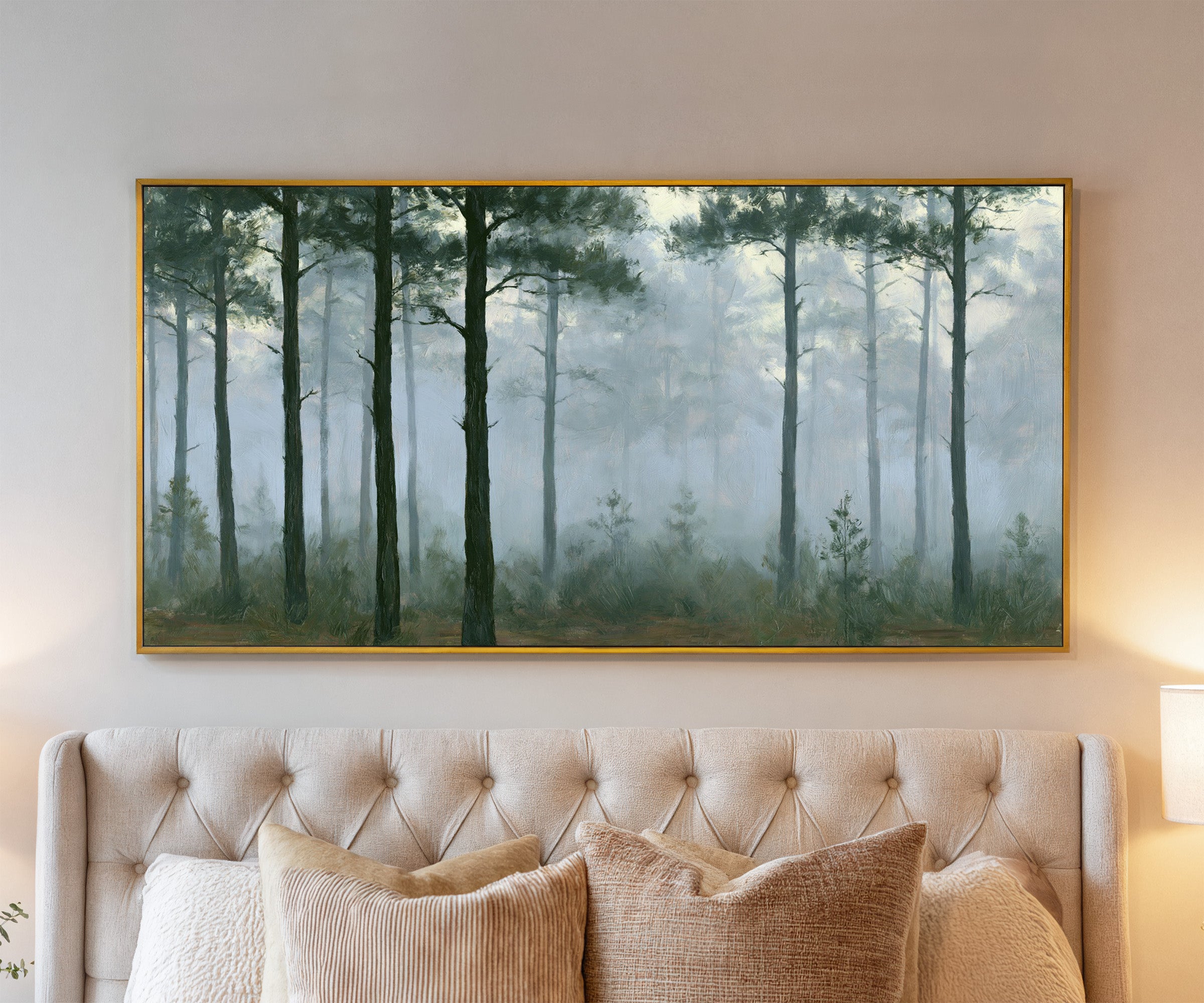 tall pines in pale morning mist canvas wall art in a gold frame above a bed