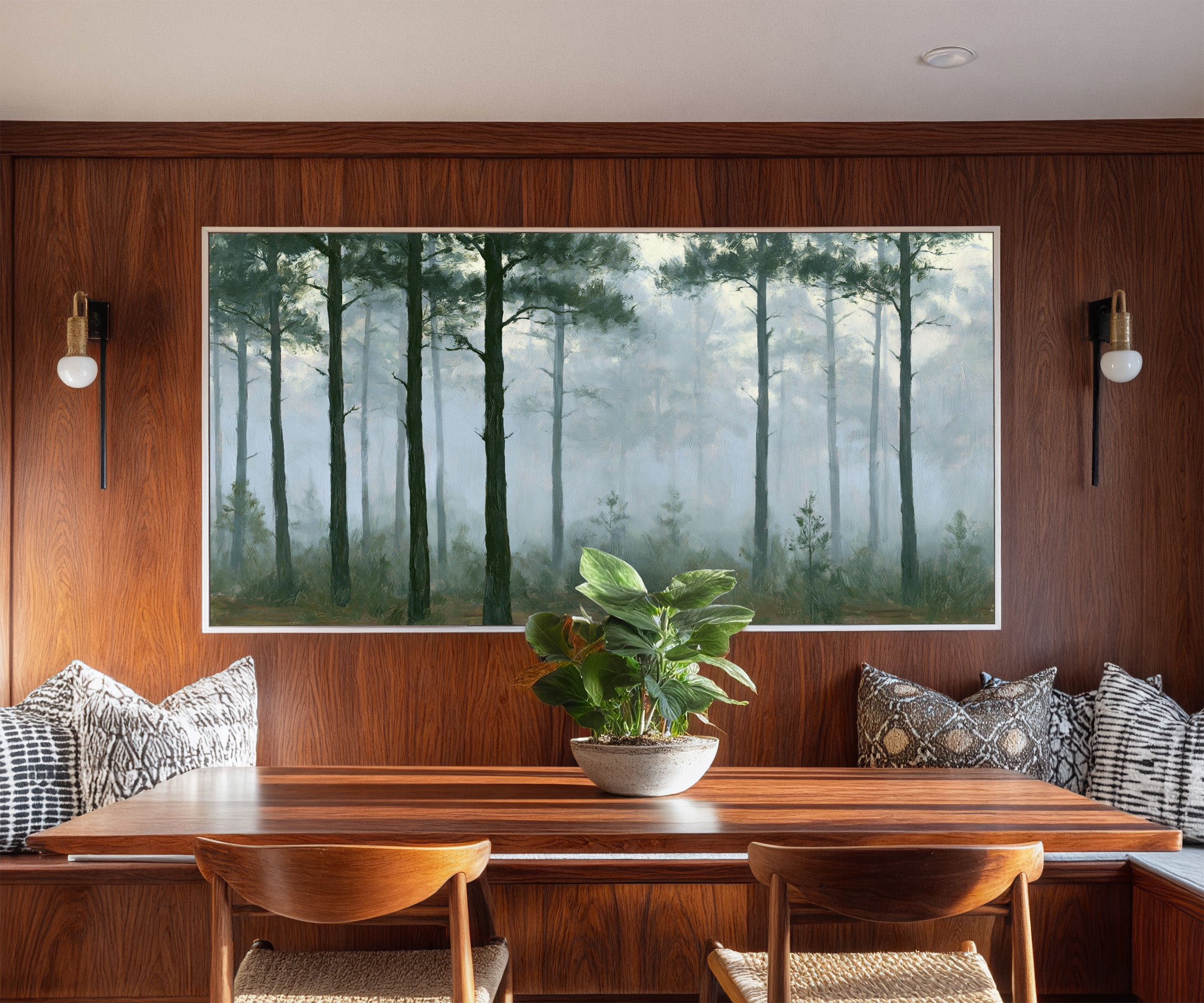 tall pines in pale morning mist canvas wall art in a white frame in a styled room setting