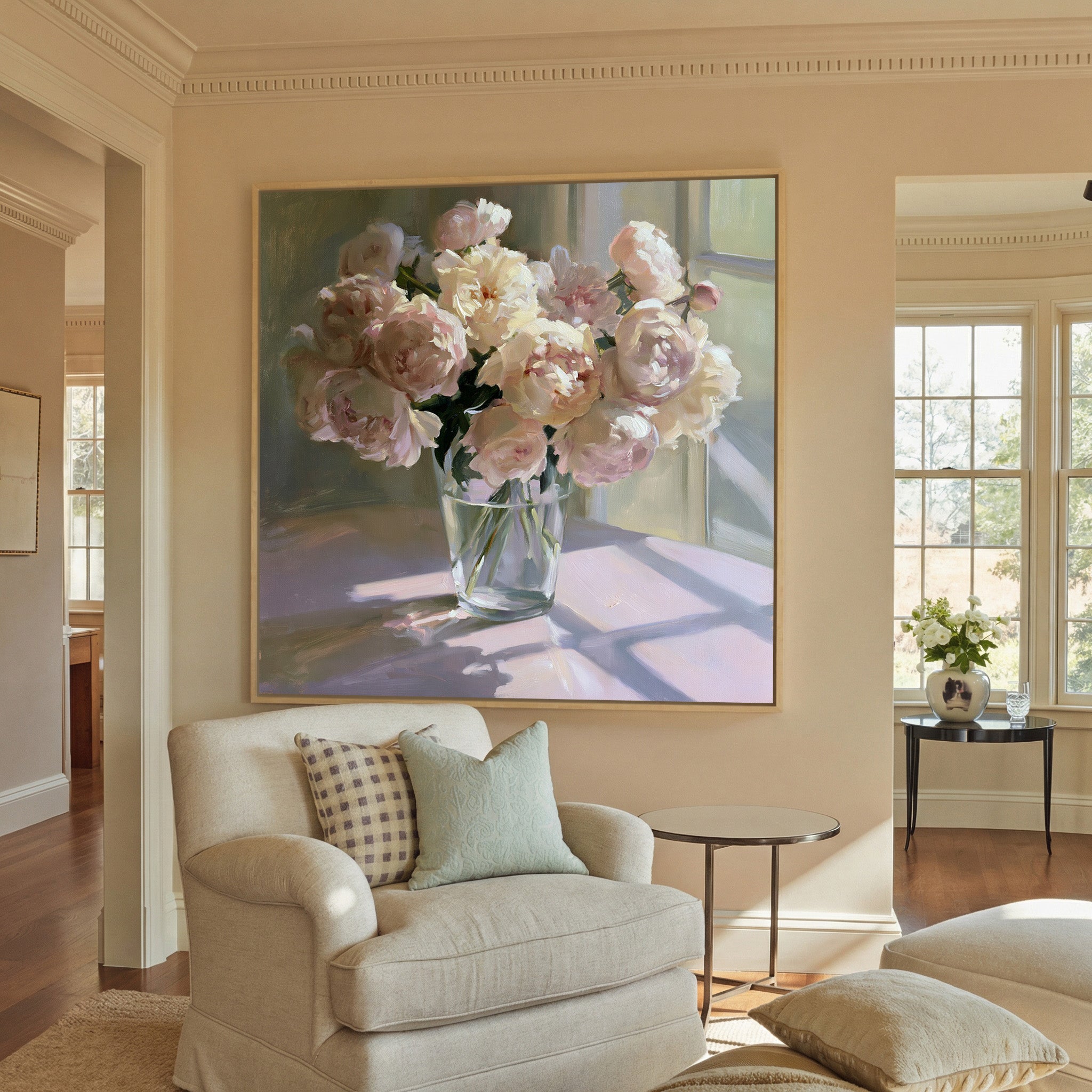 soft blush and cream peony bouquet in a glass canvas wall art in a natural wood frame in a styled room setting
