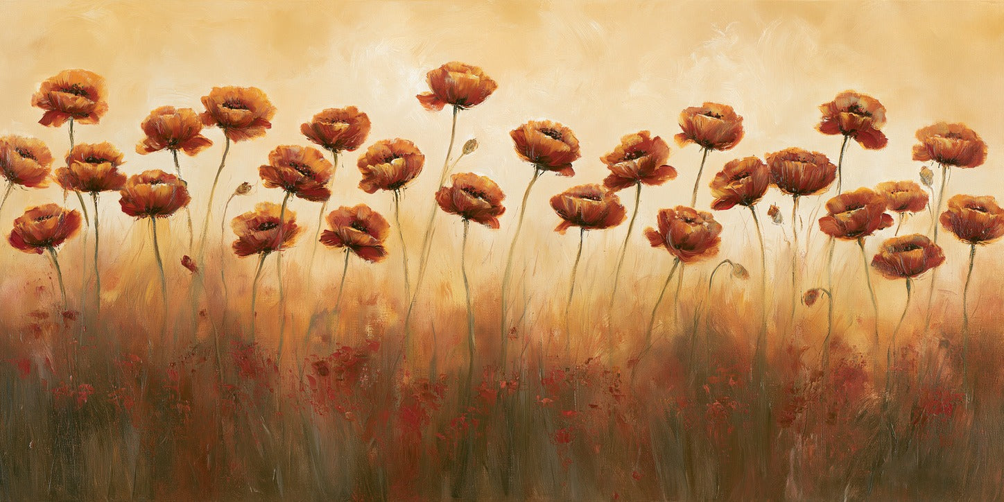 Burnt orange poppies on slender stems above muted grasses and a pale cream sky