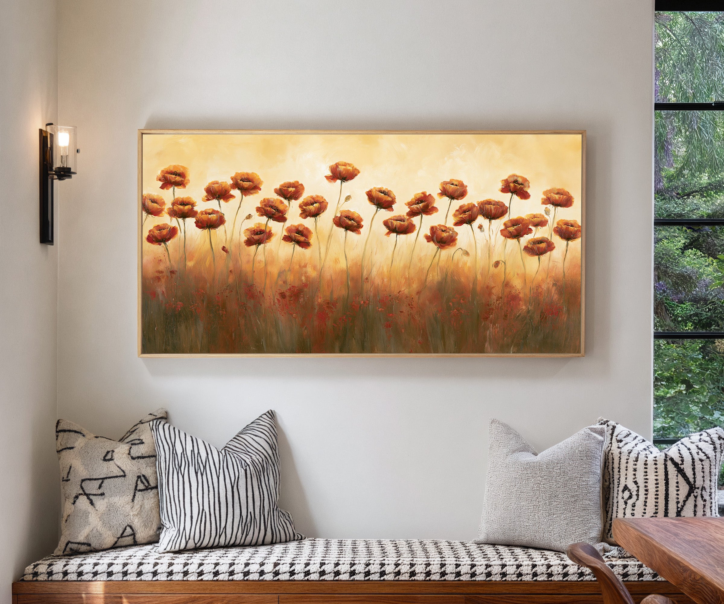 burnt orange poppy field canvas wall art in a natural wood frame in a living room