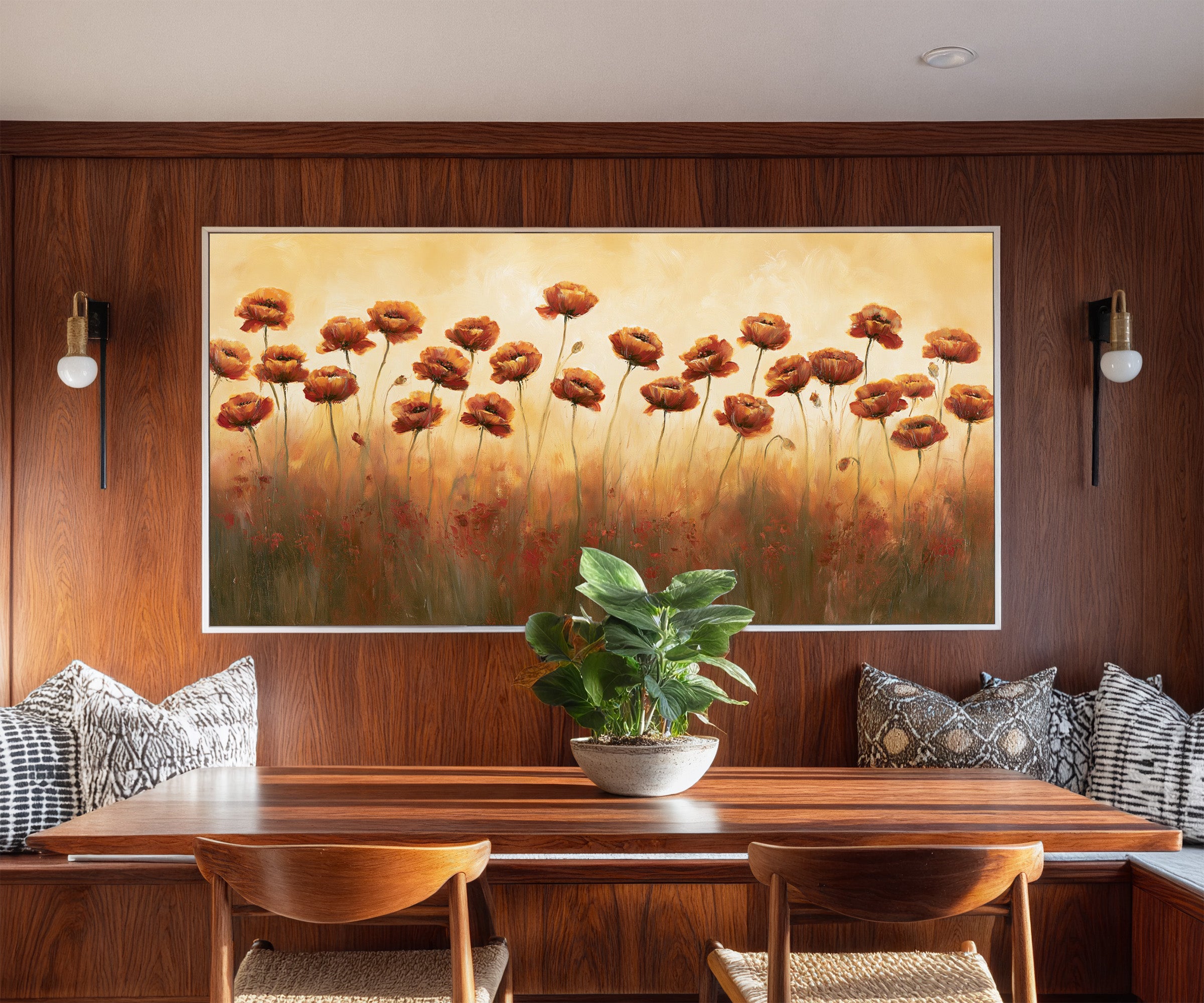 burnt orange poppy field canvas wall art in a white frame in a styled room setting