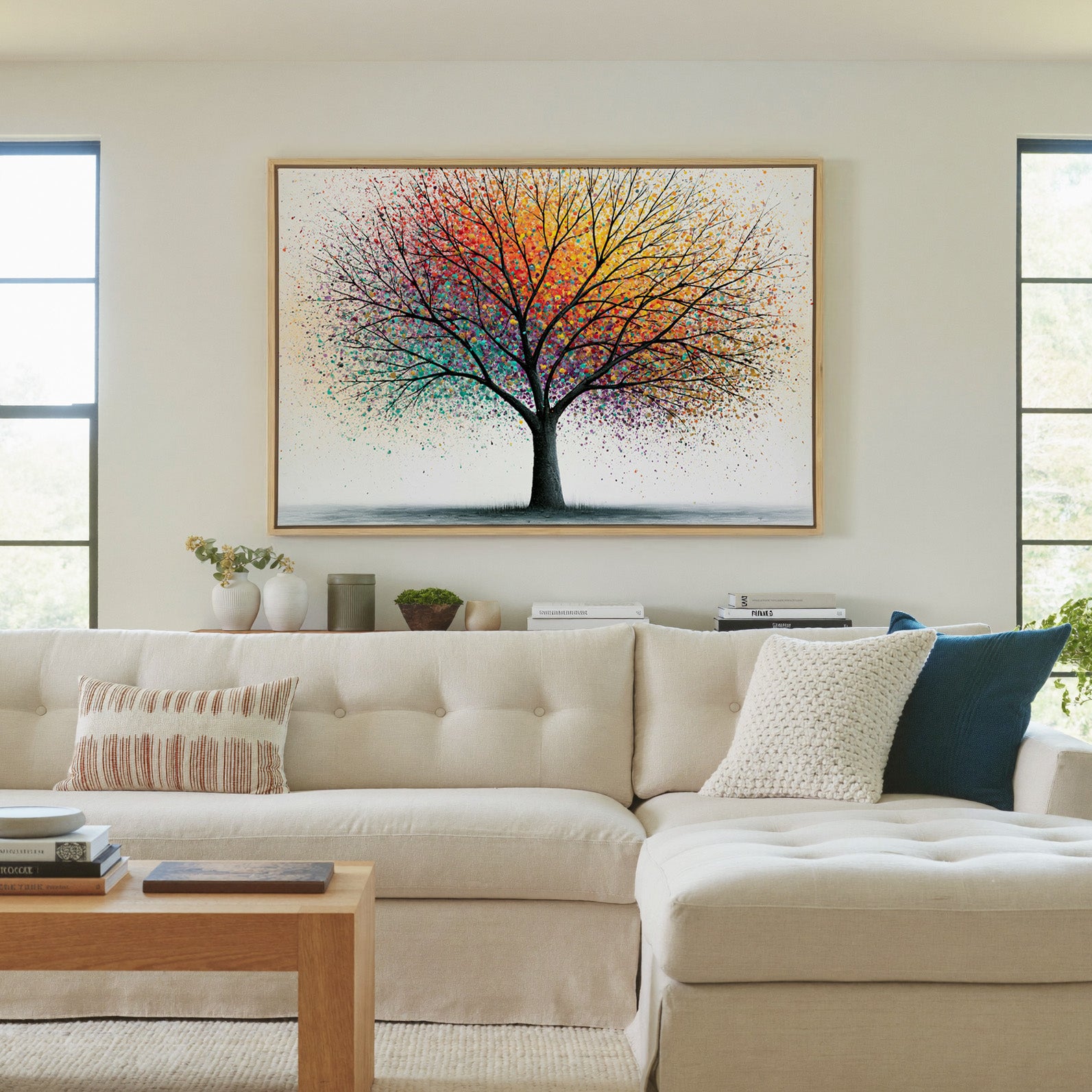 bare tree with multicolor spray canopy canvas wall art in a natural wood frame in a living room