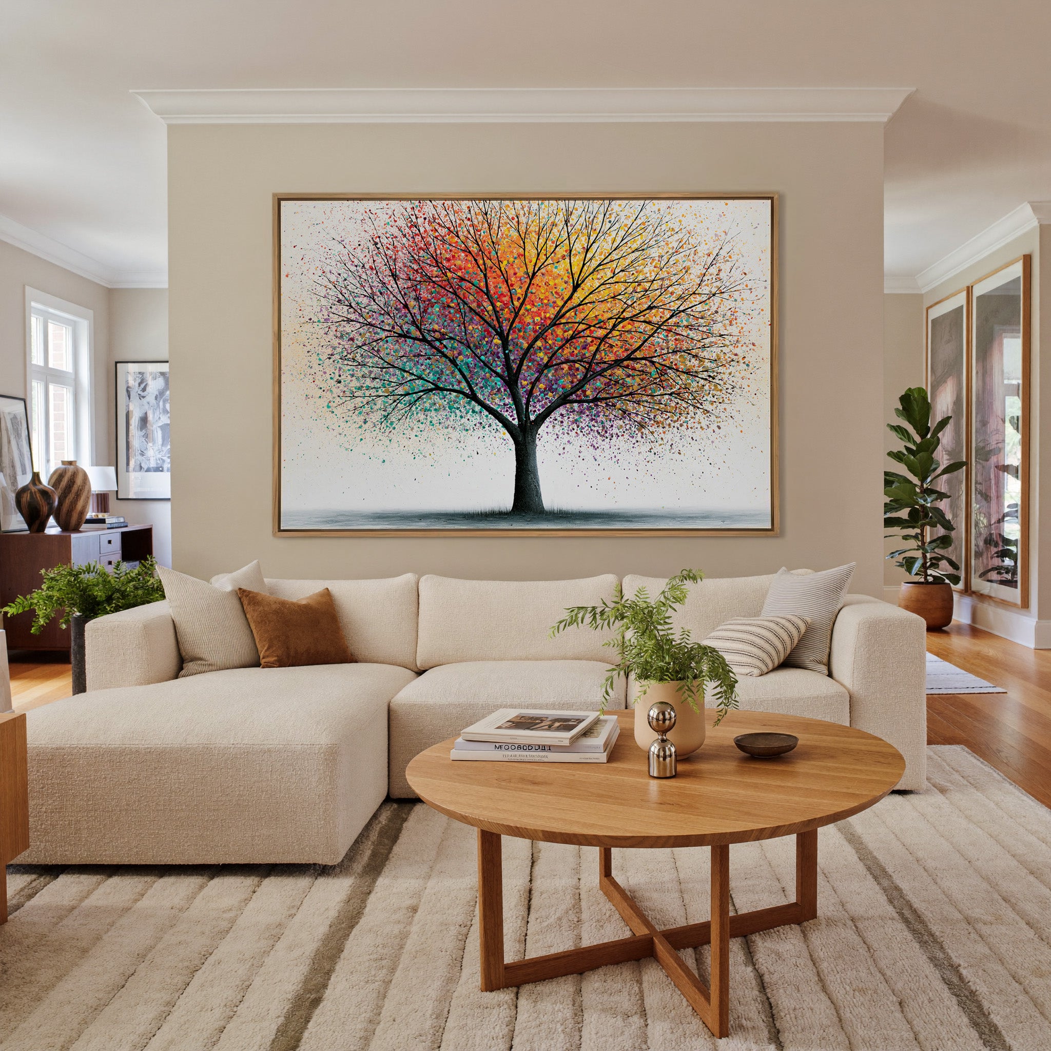 bare tree with multicolor spray canopy canvas wall art in an oak frame in a living room