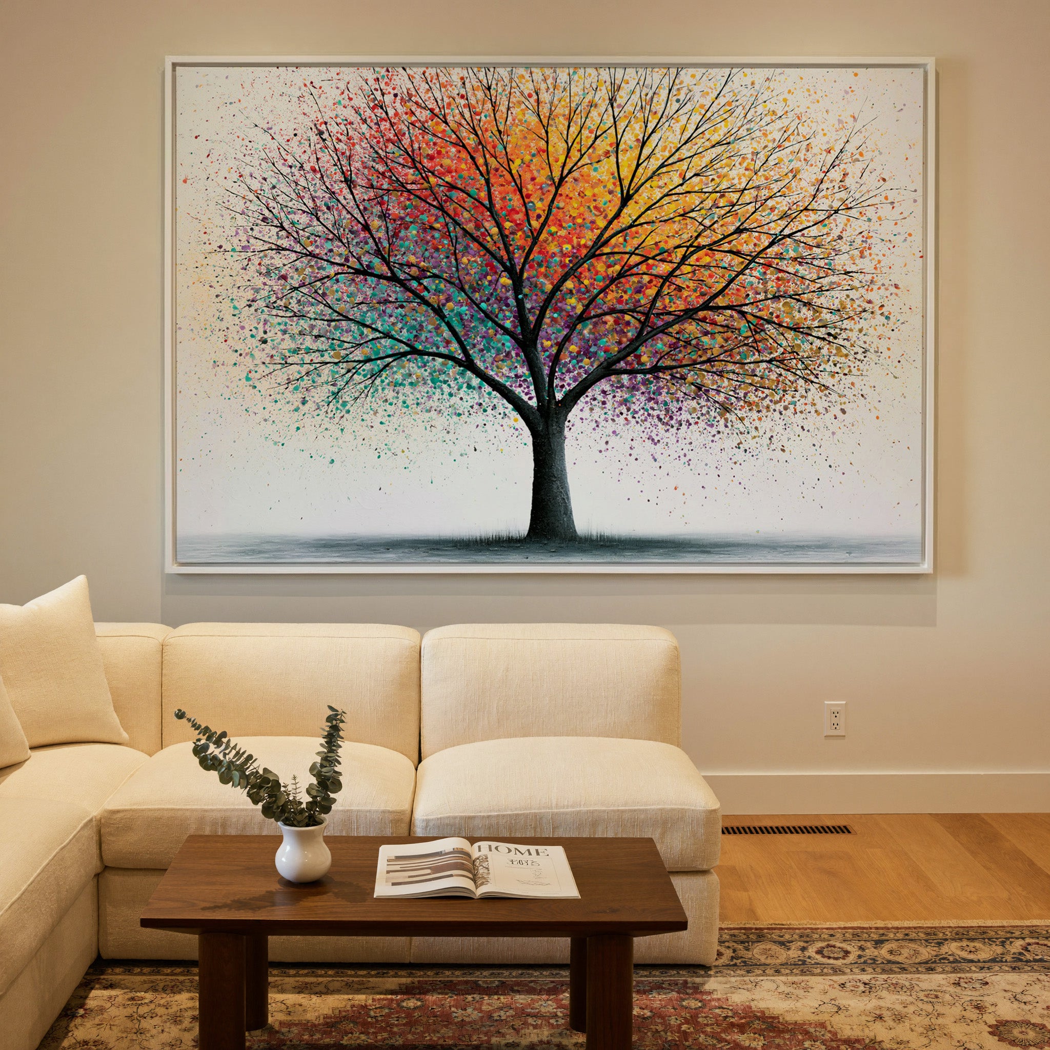 bare tree with multicolor spray canopy canvas wall art in a white frame in a styled room setting