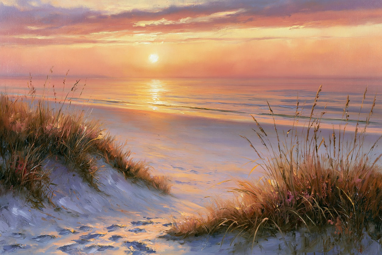 Golden sunset over a calm ocean beach, with dune grass framing the sand and water