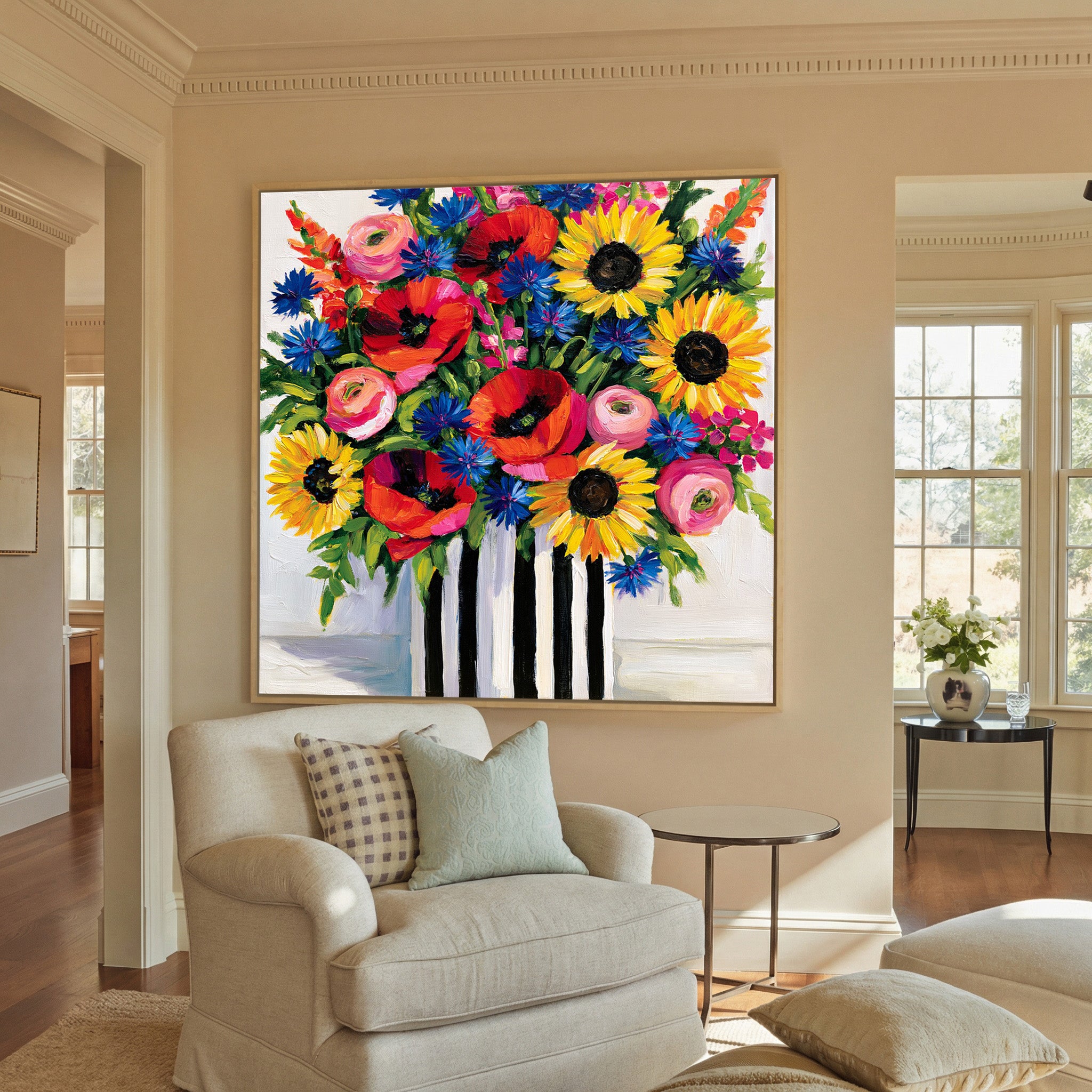 bright wildflower bouquet with poppies, canvas wall art in a natural wood frame in a styled room setting