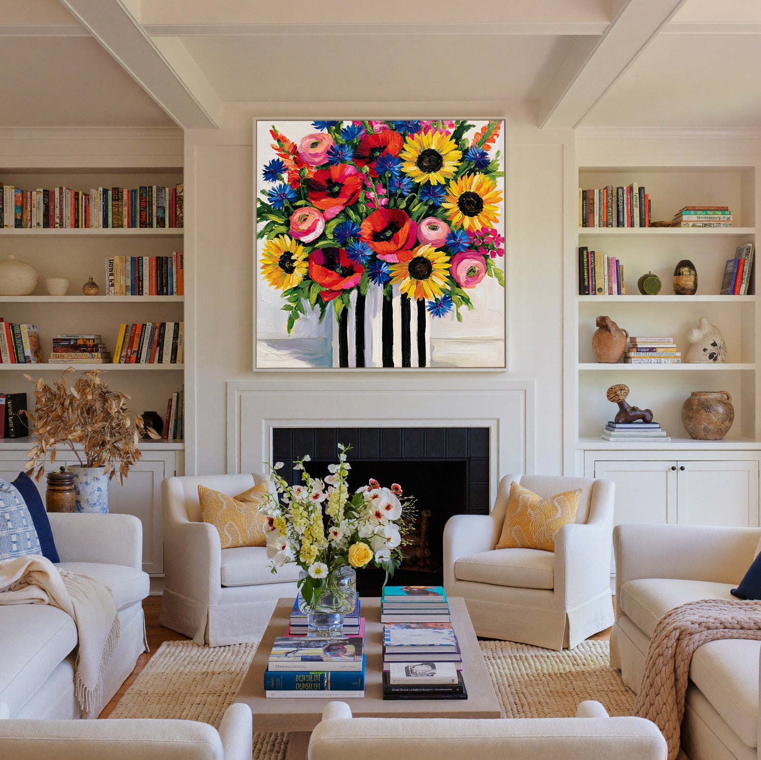 bright wildflower bouquet with poppies, canvas wall art in a white frame above a fireplace